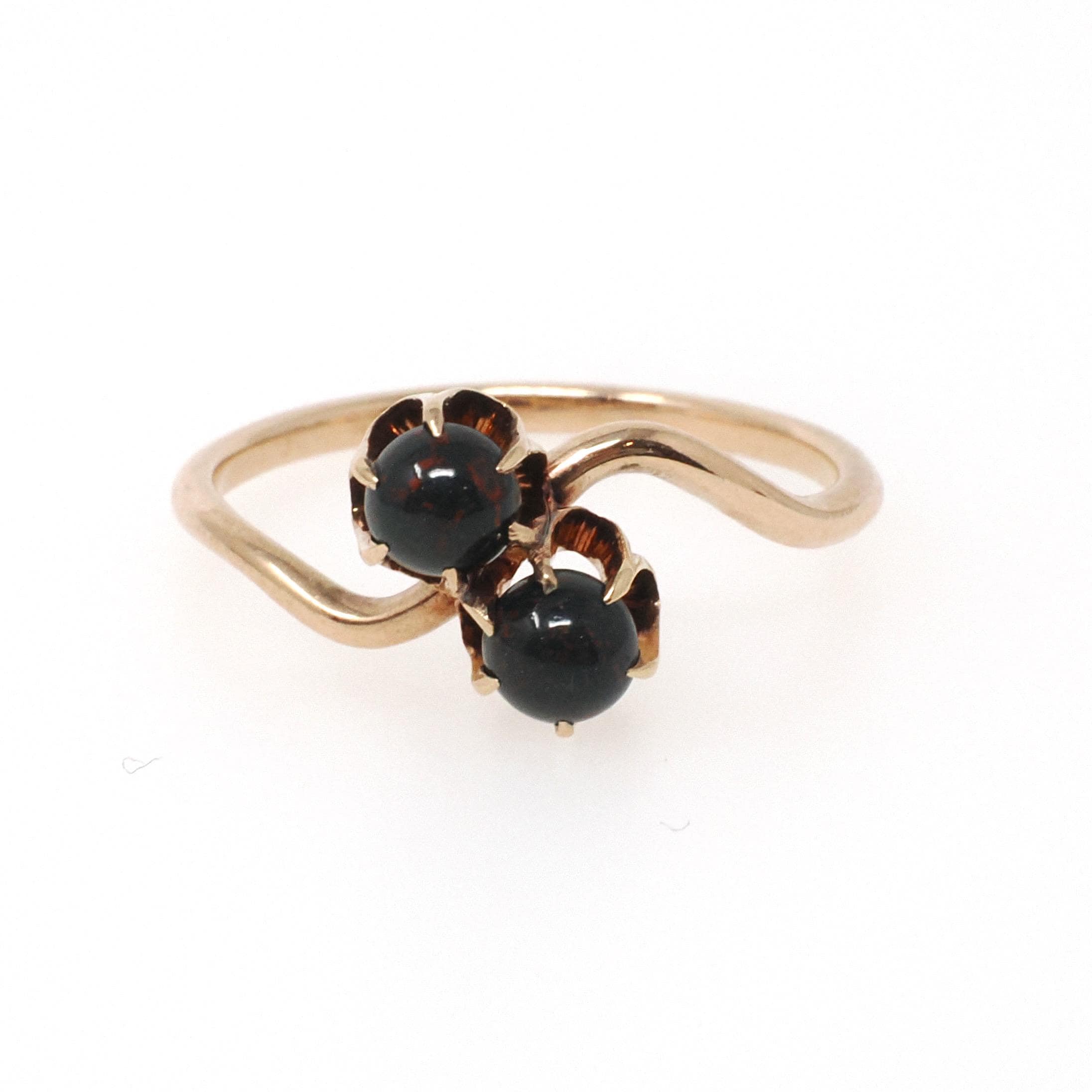 Antique Bloodstone Ring - Edwardian 10k Rosy Yellow Gold Round Dark Green Red Gems - Circa 1910s Era Size 6 Heliotrope Bypass Fine Jewelry