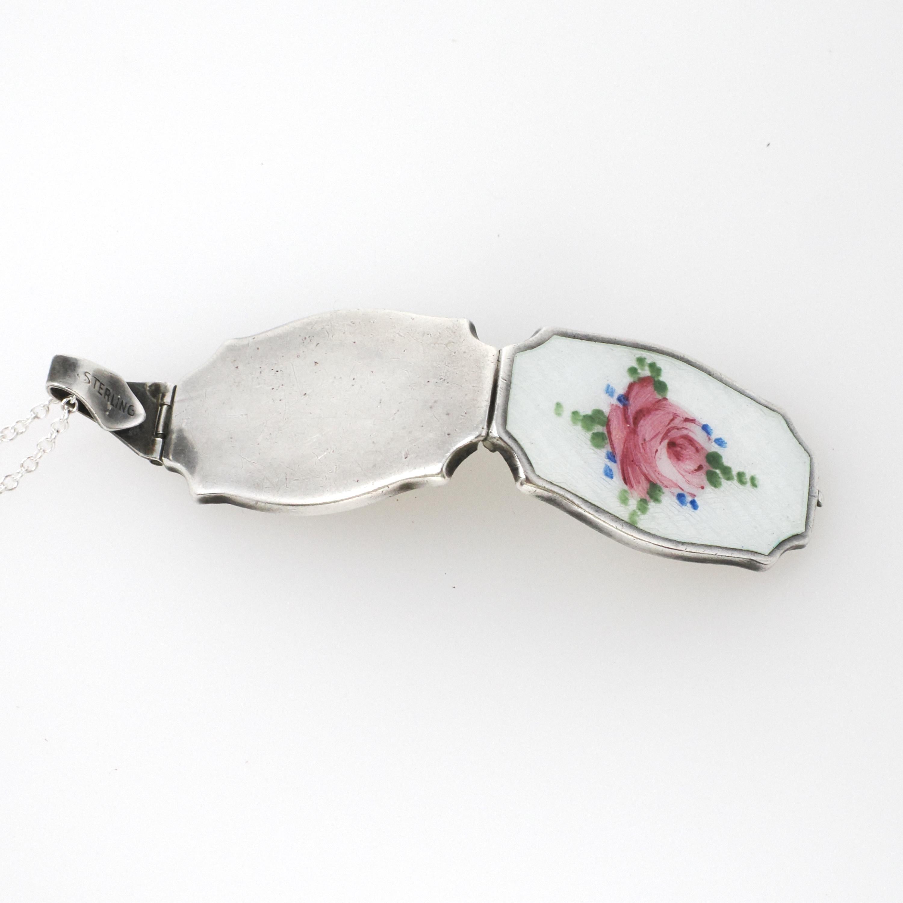 Art Deco Locket - Vintage Sterling Silver White Pink Green Flower Guilloché Enamel Pendant Necklace - Circa 1930s Era Rose Leaves Jewelry