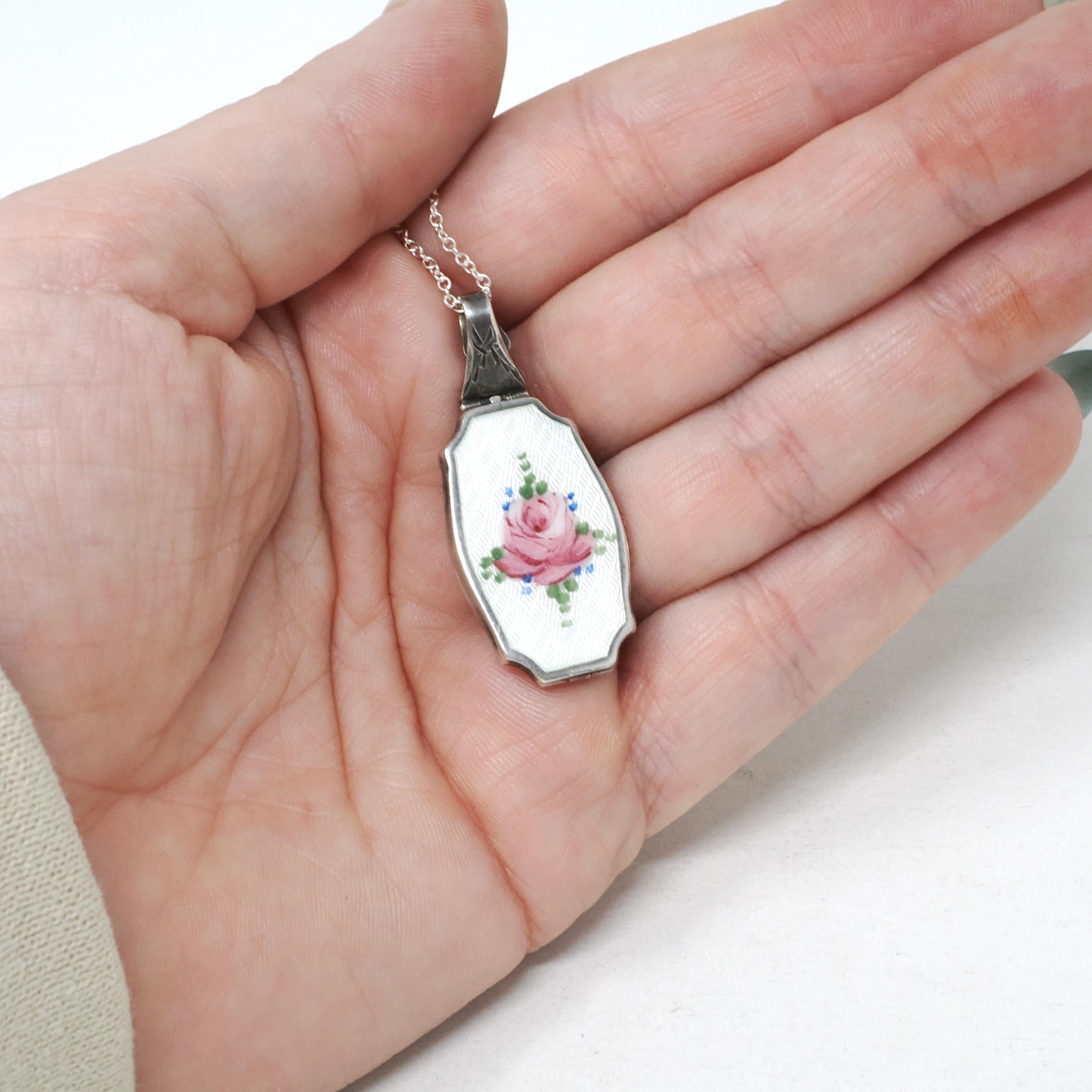 Art Deco Locket - Vintage Sterling Silver White Pink Green Flower Guilloché Enamel Pendant Necklace - Circa 1930s Era Rose Leaves Jewelry