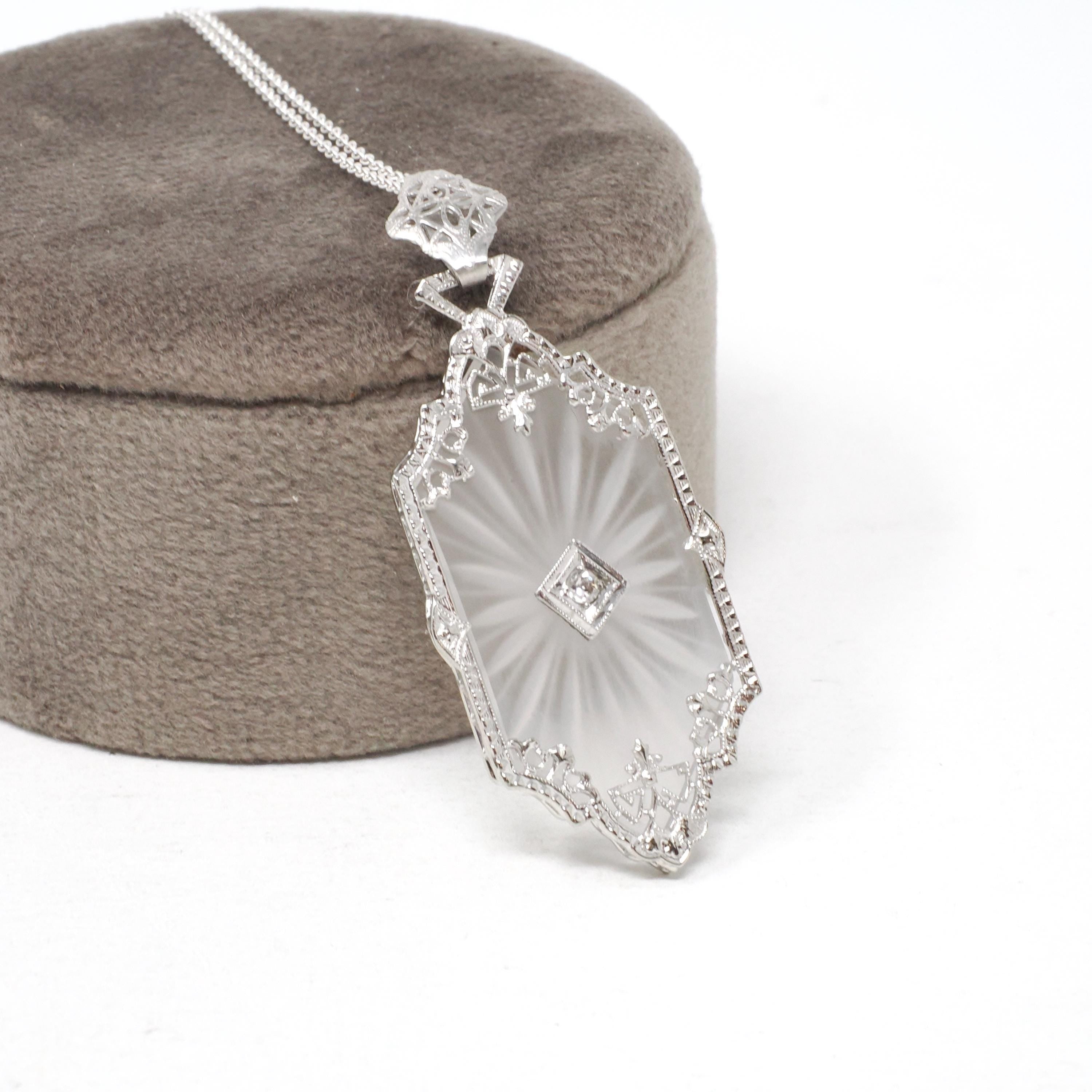 Rock Crystal Quartz Necklace - Art Deco 14k White Gold Natural .04 CT Diamond Pendant - Vintage Circa 1930s Era Statement Filigree Jewelry