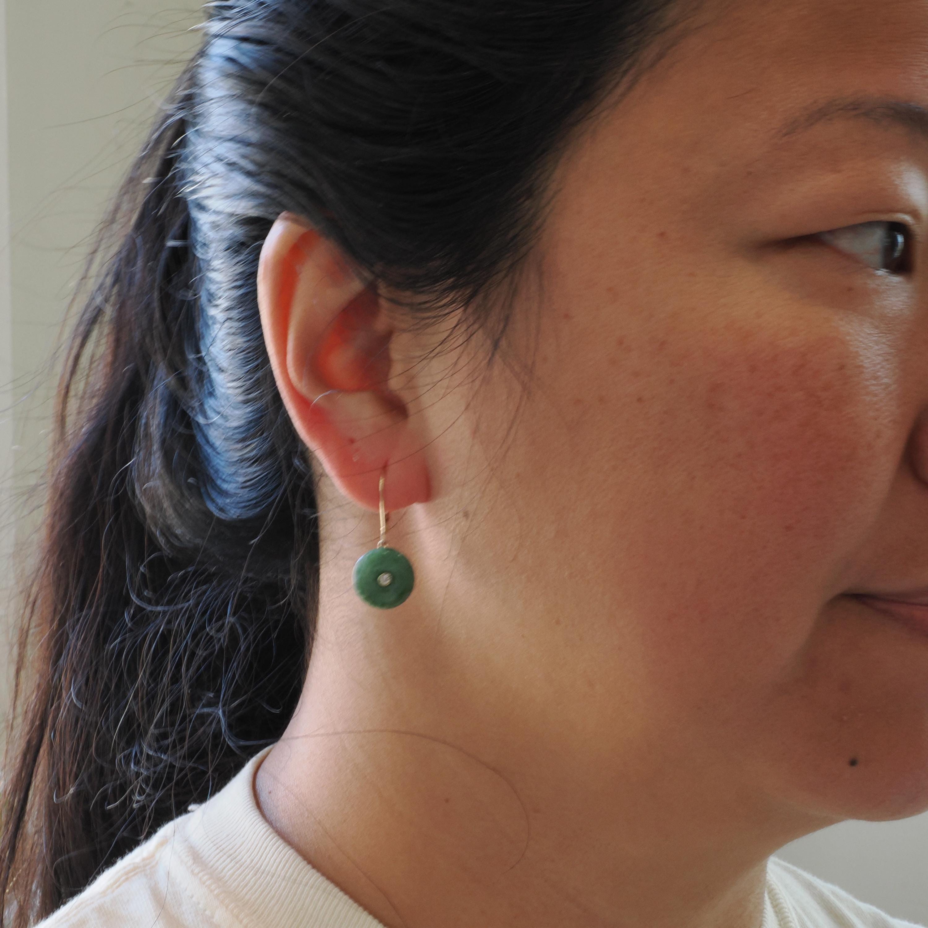Vintage Jadeite Earrings - Modernist 14k Yellow Gold Round Disc Green Gem Lever Back - Circa 1970s Pierced Ears Diamond Accent Fine Jewelry