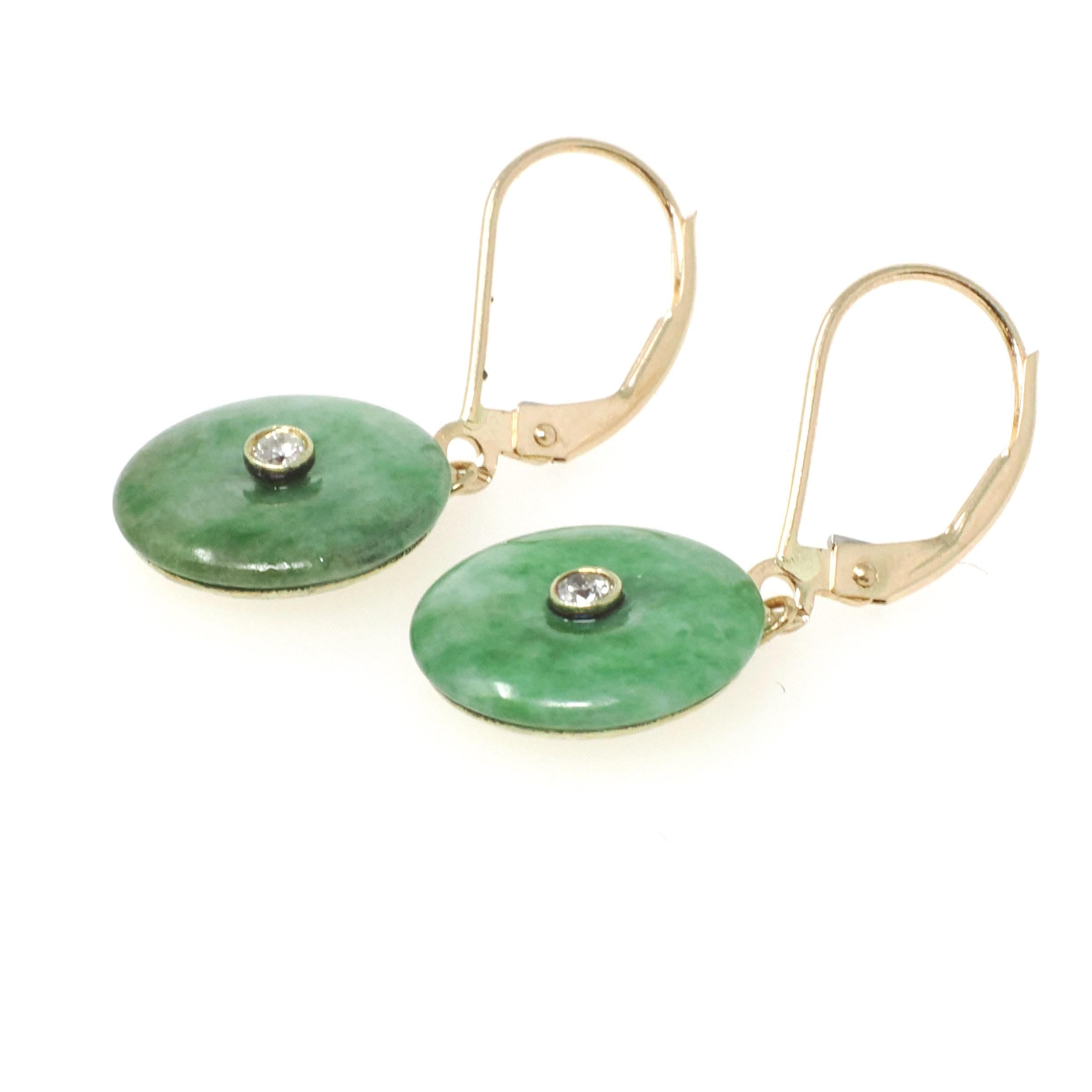 Vintage Jadeite Earrings - Modernist 14k Yellow Gold Round Disc Green Gem Lever Back - Circa 1970s Pierced Ears Diamond Accent Fine Jewelry