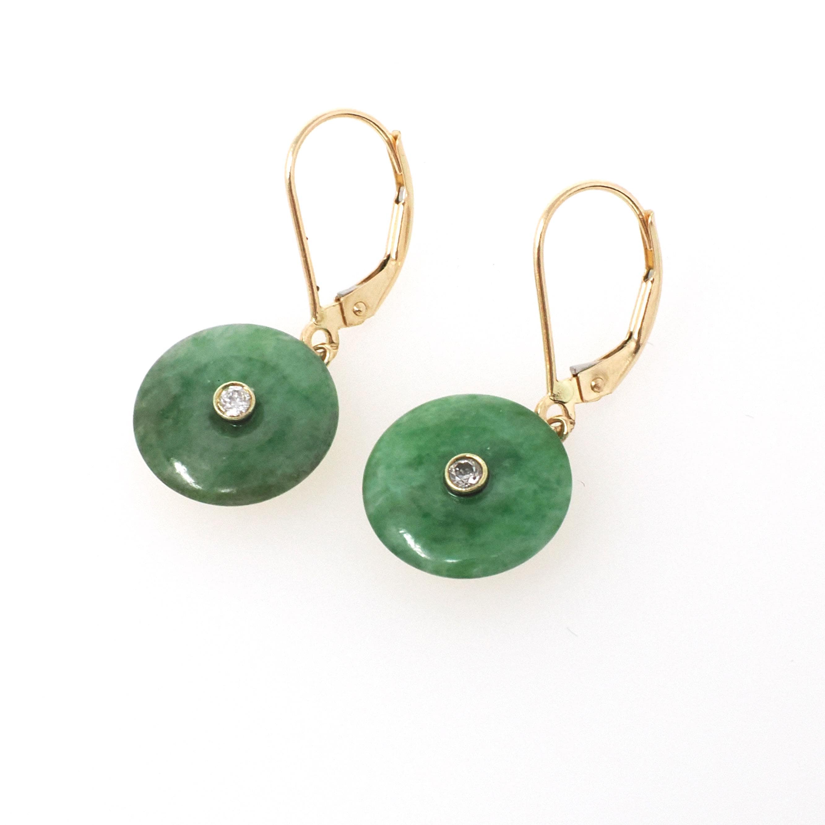 Vintage Jadeite Earrings - Modernist 14k Yellow Gold Round Disc Green Gem Lever Back - Circa 1970s Pierced Ears Diamond Accent Fine Jewelry