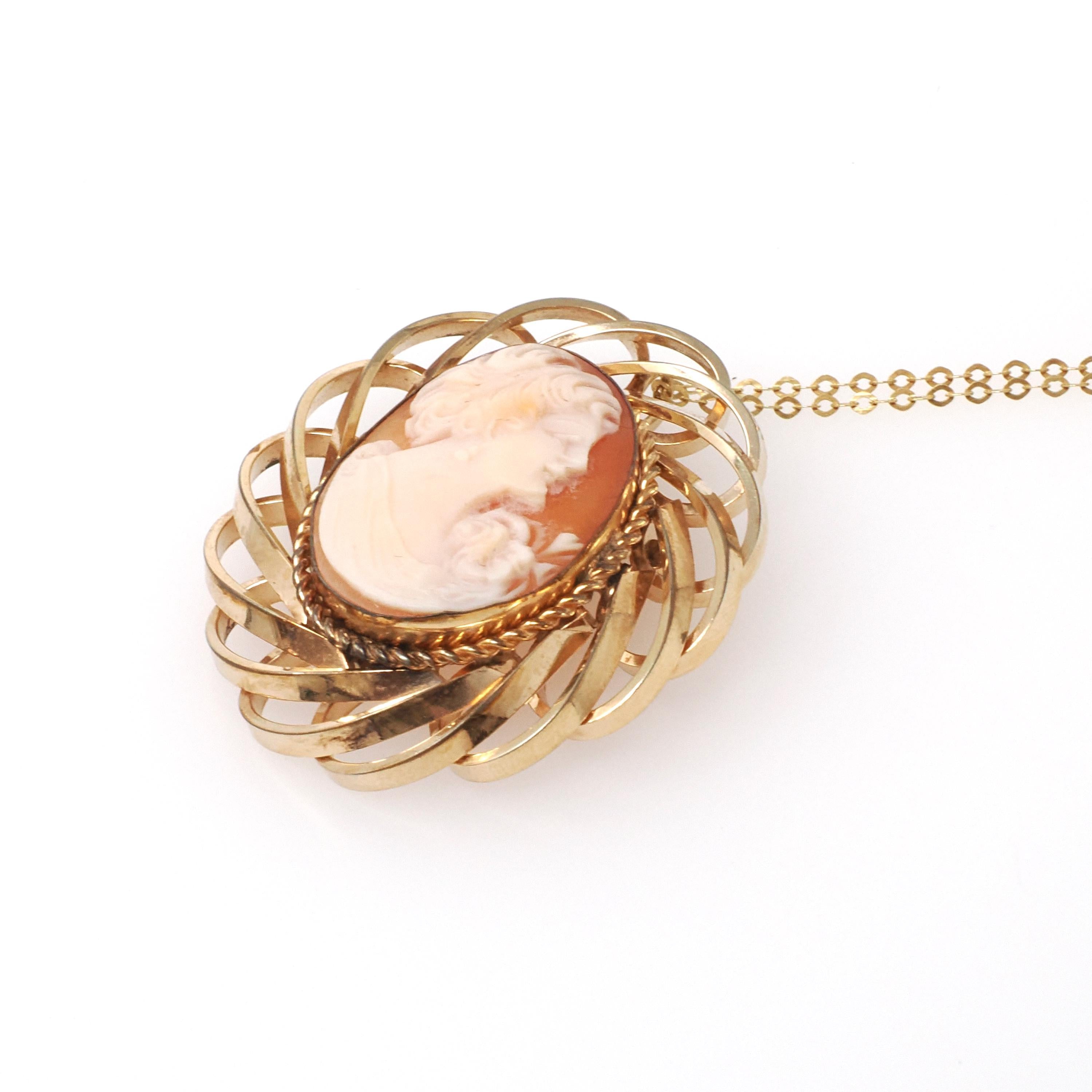 Vintage Cameo Necklace - Mid Century Gold Filled Carved Shell Woman's Profile Brooch Charm - Circa 1960s Era Statement Pendant Fine Jewelry