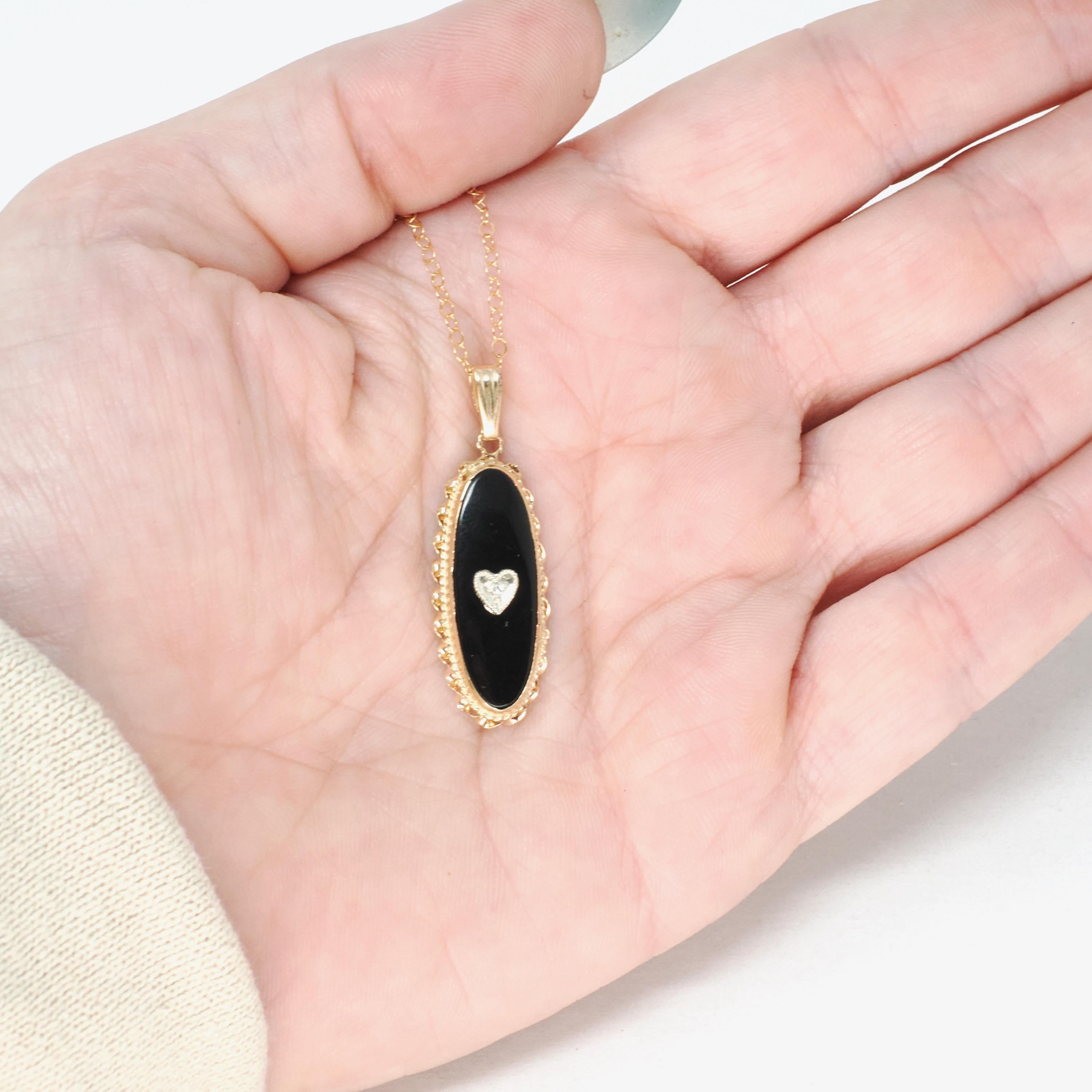 Onyx & Diamond Pendant - Mid Century 14k Yellow Gold Black Chalcedony Gemstone Necklace - Vintage Circa 1960s Charm Fine Statement Jewelry