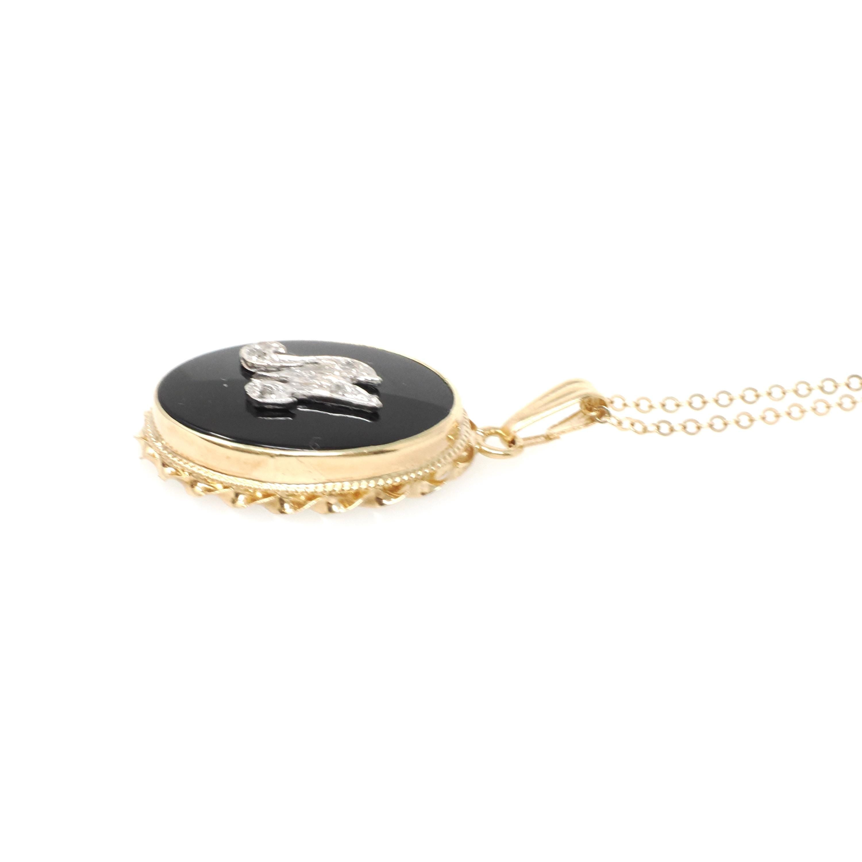 Letter "M" Pendant - Mid Century 14K Yellow Gold Natural Onyx & Diamond Charm - Vintage Circa 1960s Initial Necklace Fine Statement Jewelry