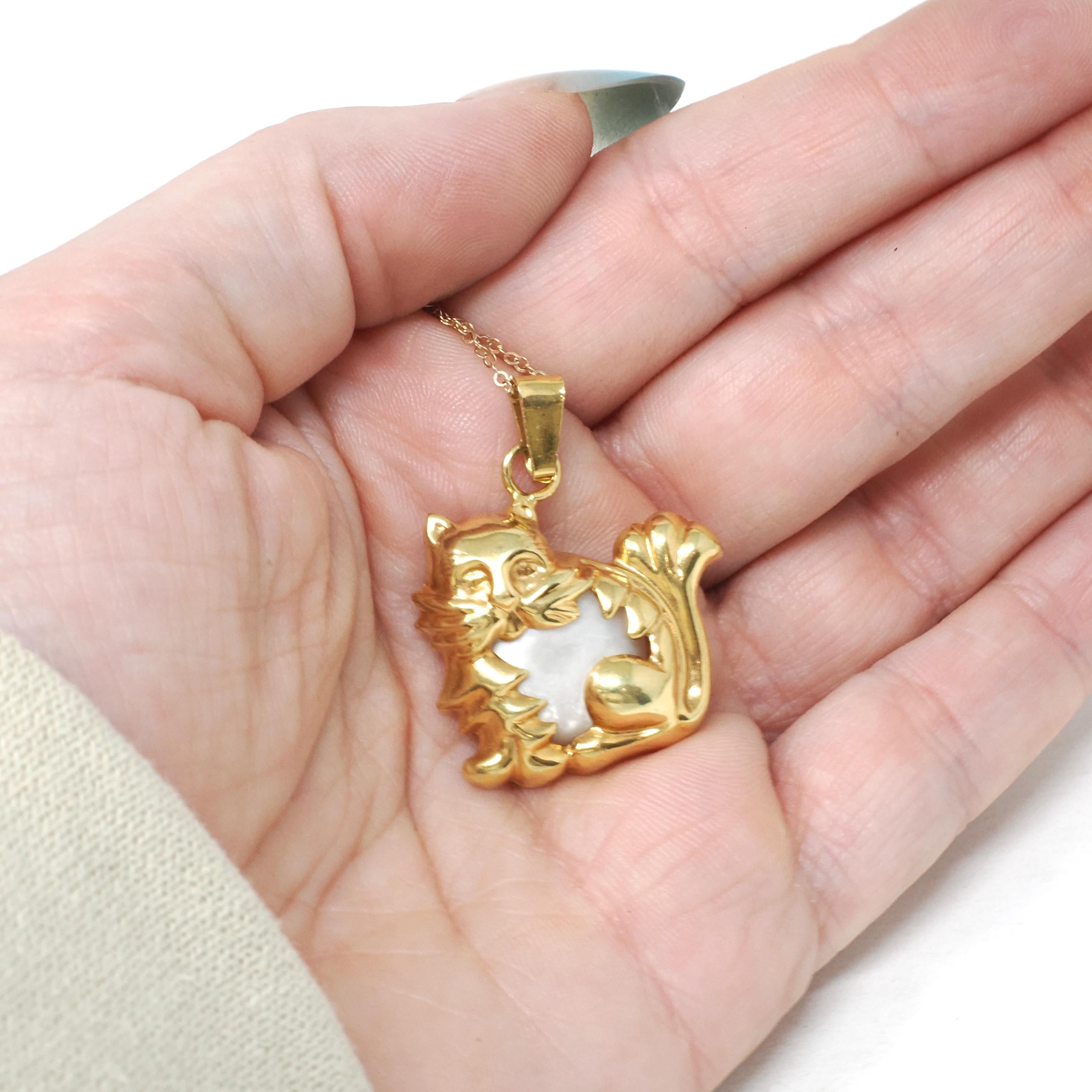 Vintage Cat Charm - Mid Century 14k Yellow Gold Figural Feline Pendant Necklace - Circa 1960s Mother Of Pearl Belly Pet Animal Fine Jewelry