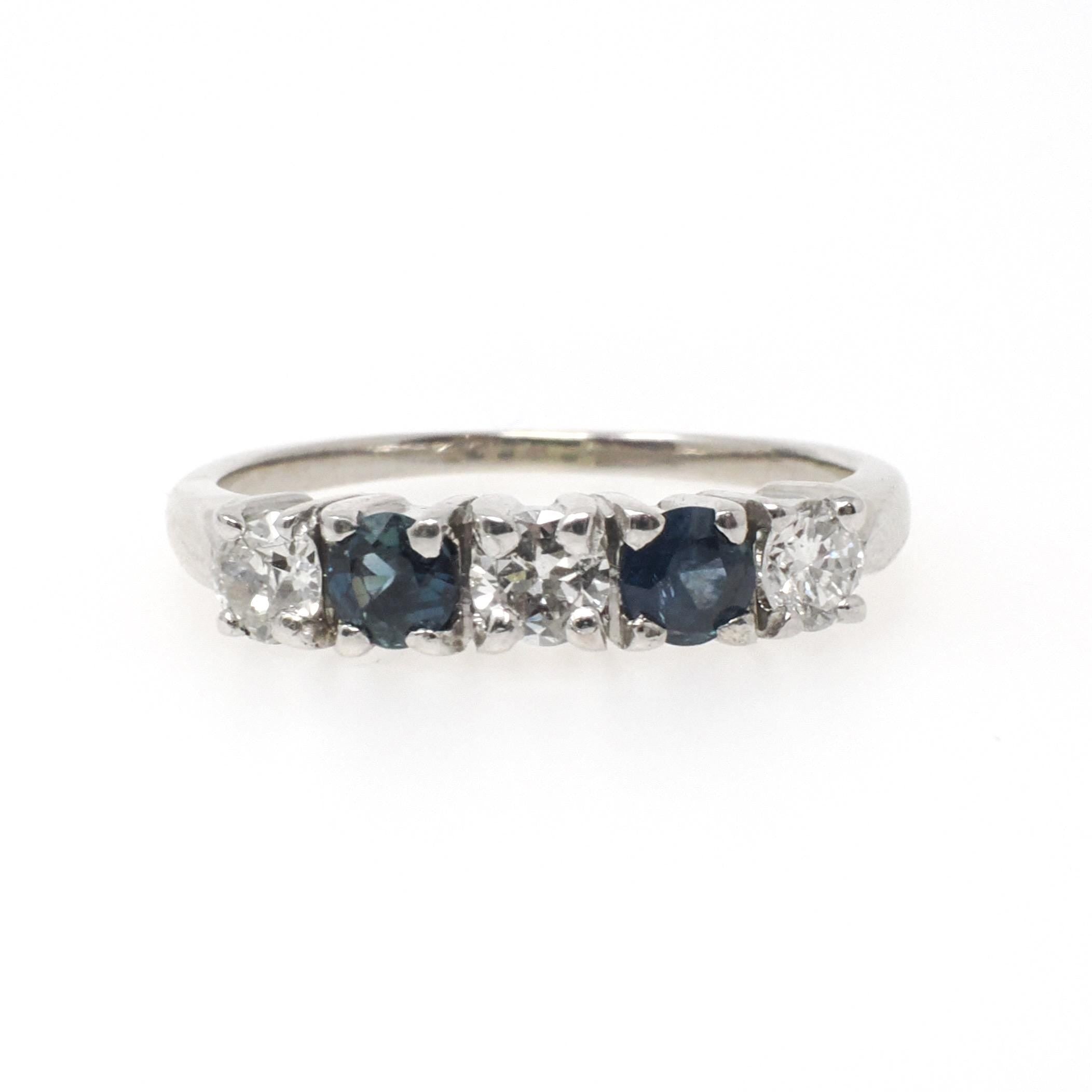 Sapphire & Diamond Band - Contemporary 14k White Gold Natural Five Gemstone Ring - Estate Circa 2000s Era Size 6 Fine Stacking Jewelry