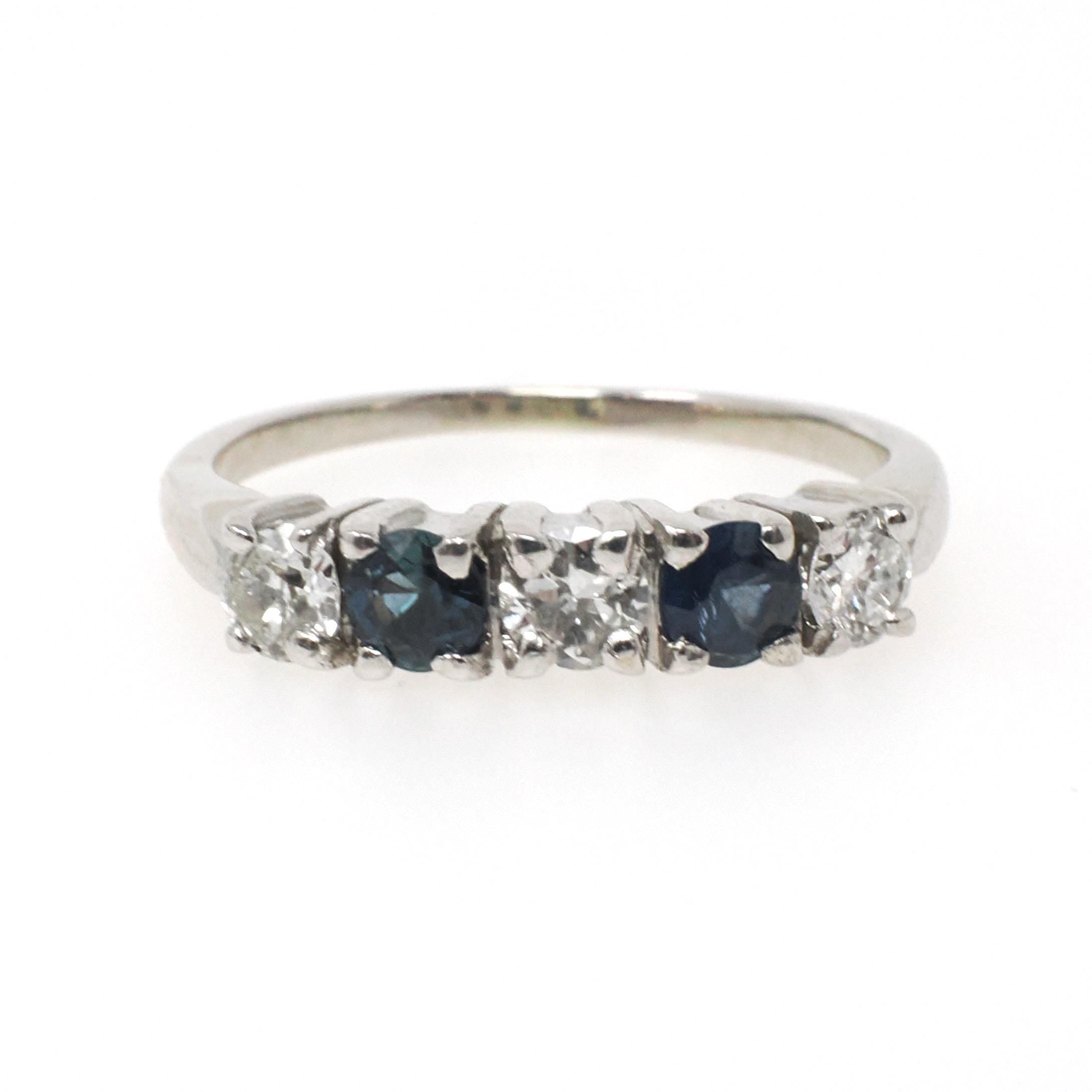 Sapphire & Diamond Band - Contemporary 14k White Gold Natural Five Gemstone Ring - Estate Circa 2000s Era Size 6 Fine Stacking Jewelry