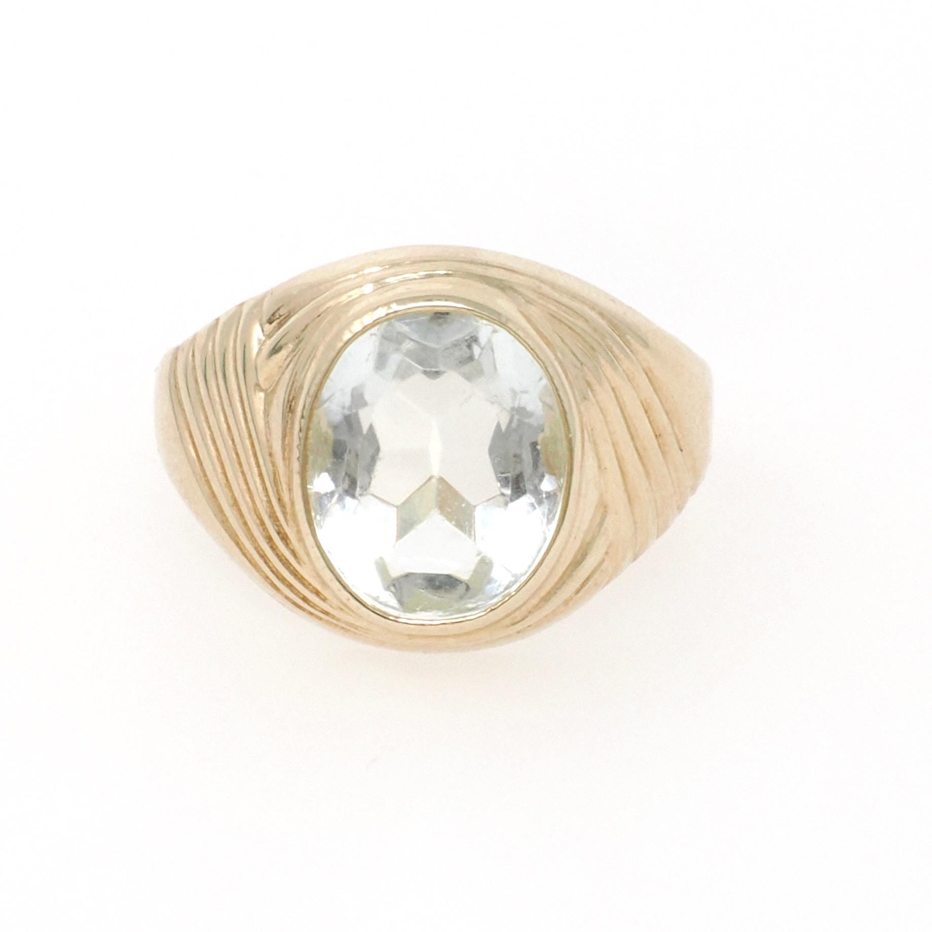 Vintage Glass Ring - Modernist 10k Yellow Gold Clear Pale Blue Oval Cut Faceted Stone - Circa Late 1960s Size 5 3/4 Fine Statement Jewelry