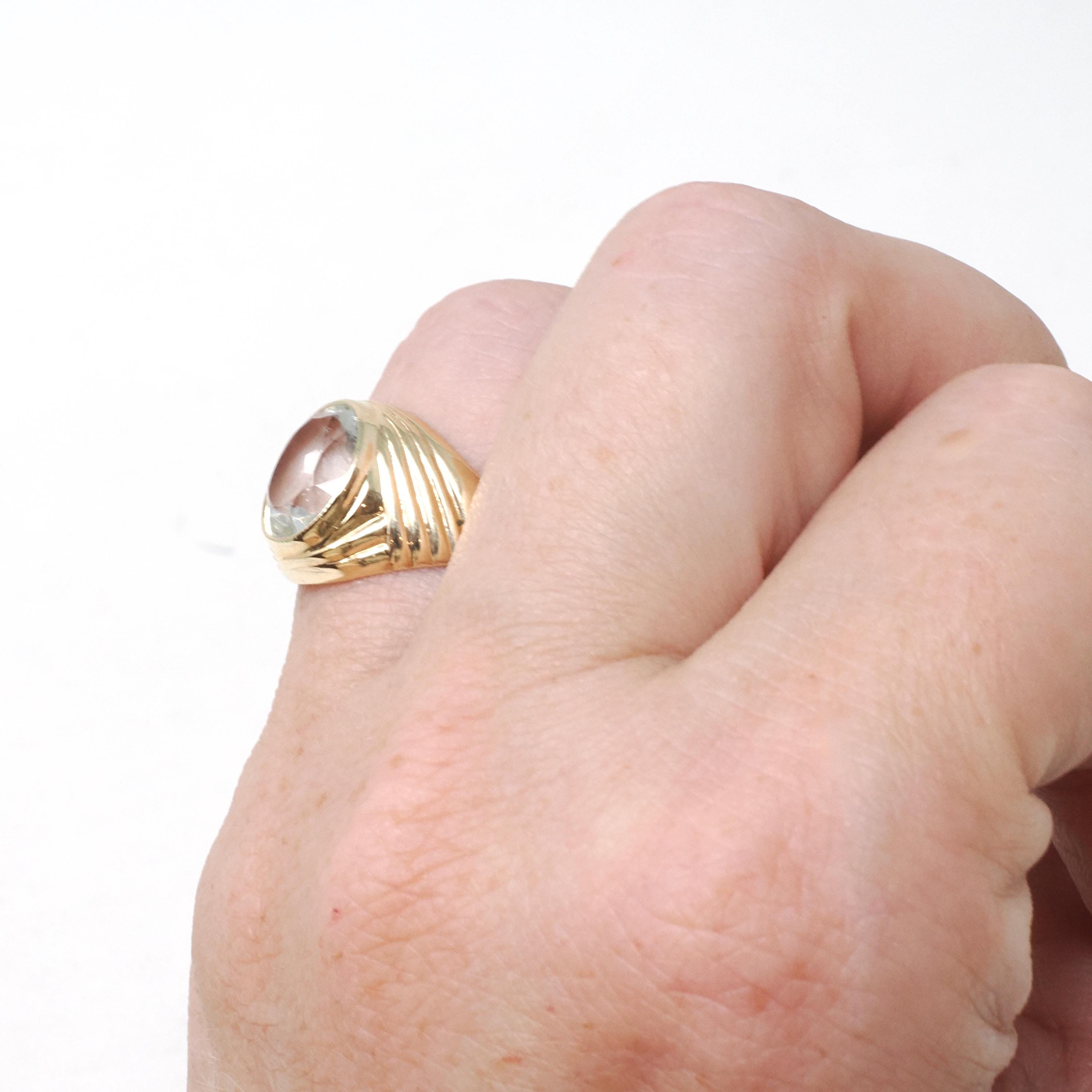 Vintage Glass Ring - Modernist 10k Yellow Gold Clear Pale Blue Oval Cut Faceted Stone - Circa Late 1960s Size 5 3/4 Fine Statement Jewelry