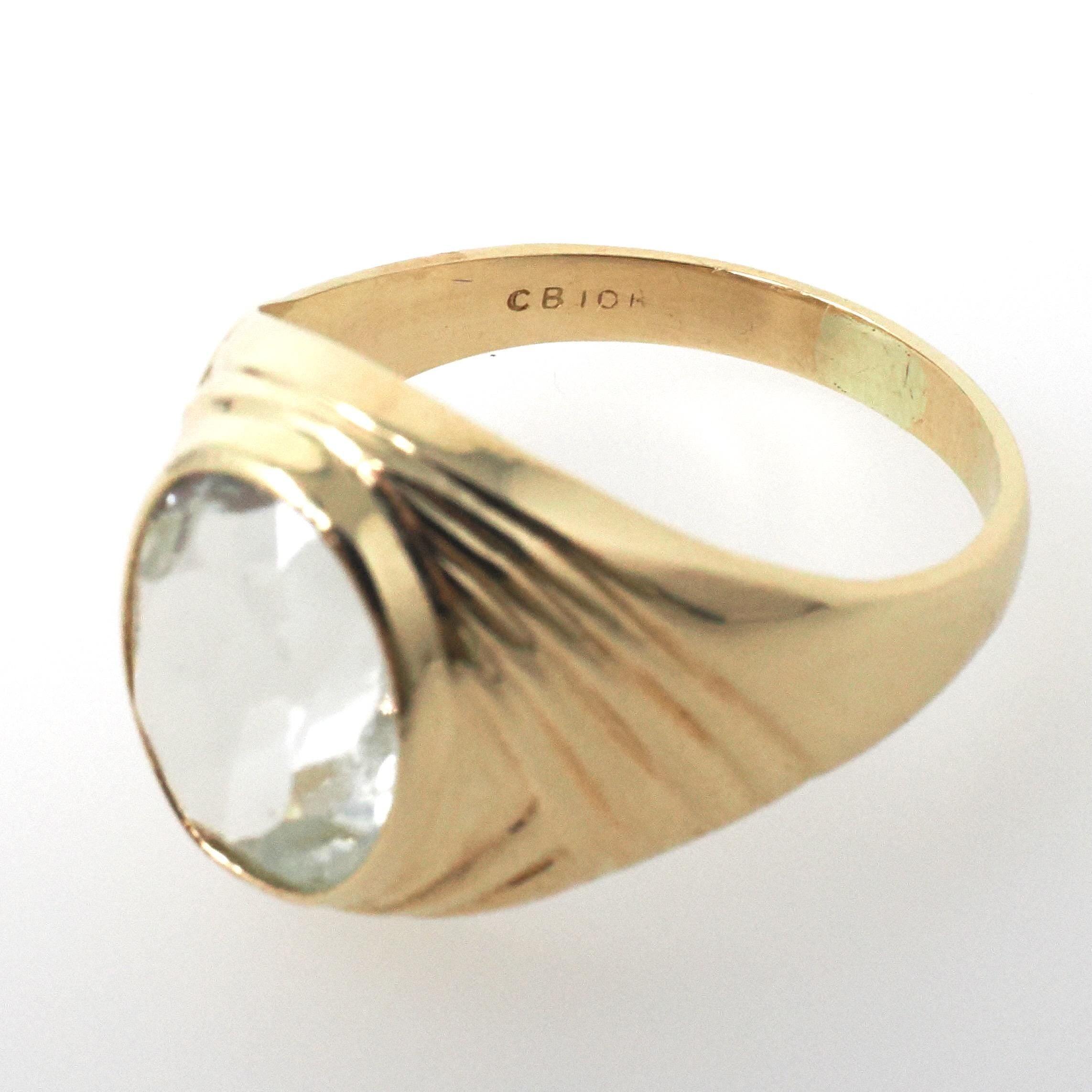 Vintage Glass Ring - Modernist 10k Yellow Gold Clear Pale Blue Oval Cut Faceted Stone - Circa Late 1960s Size 5 3/4 Fine Statement Jewelry