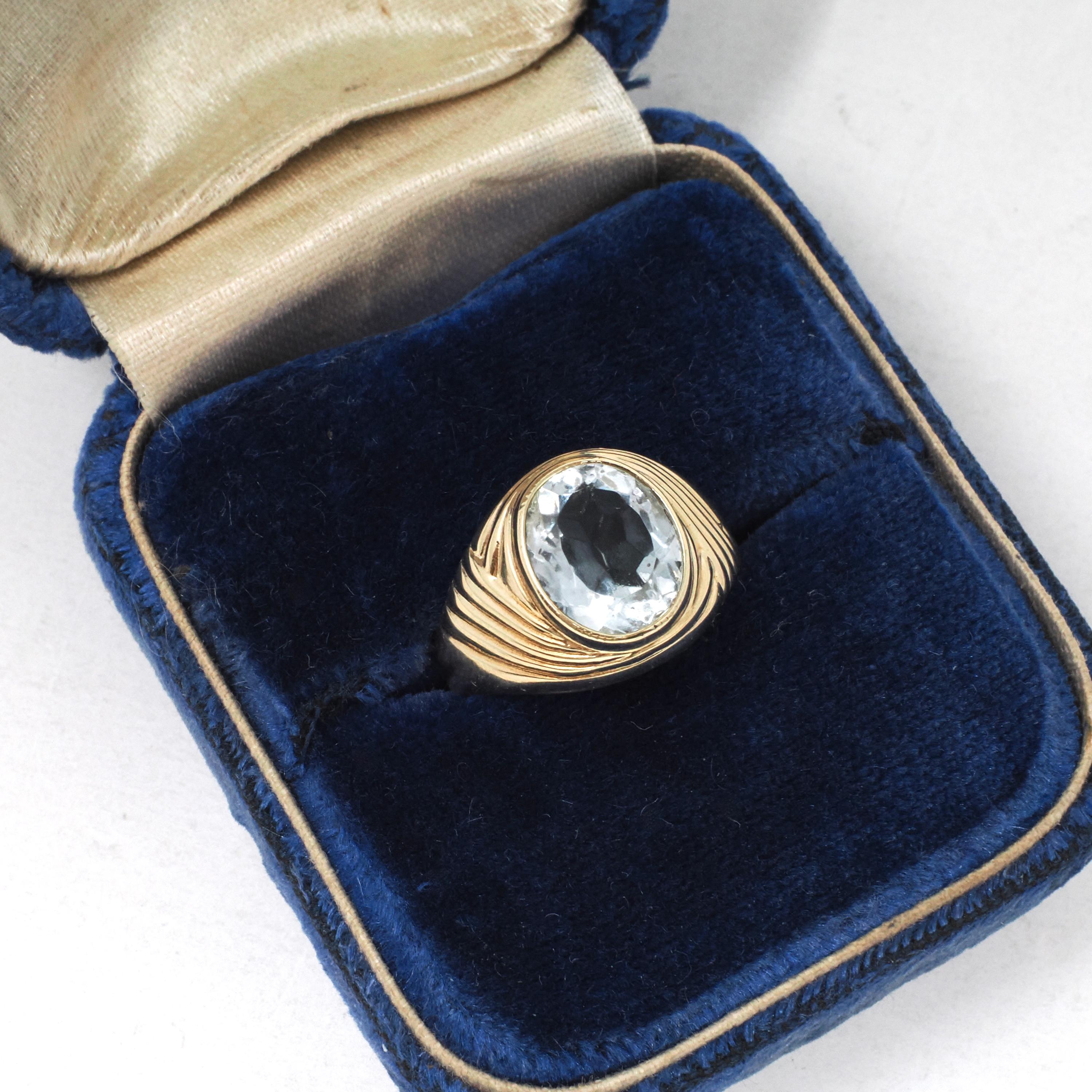 Vintage Glass Ring - Modernist 10k Yellow Gold Clear Pale Blue Oval Cut Faceted Stone - Circa Late 1960s Size 5 3/4 Fine Statement Jewelry