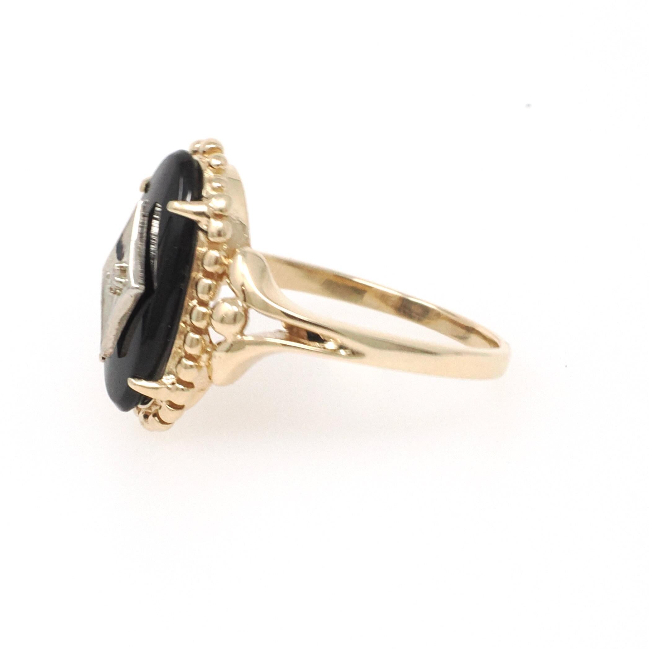 Vintage Onyx Ring - Mid Century 10k Yellow Gold Black Chalcedony & .01 CT Natural Diamond - Circa 1960s Era Size 8.5 Statement Fine Jewelry