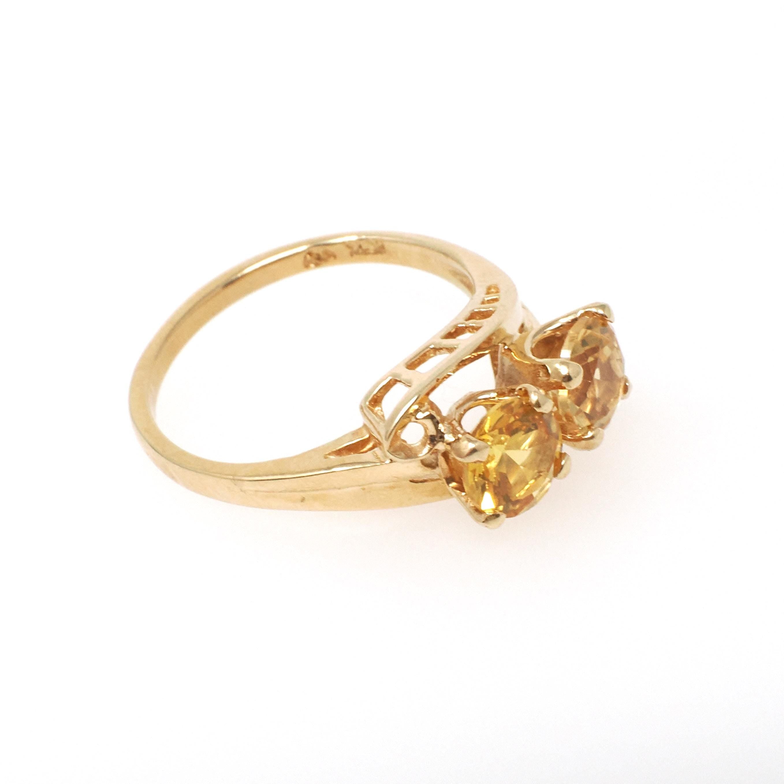 Vintage Toi Et Moi Ring - Mid Century 10k Yellow Gold Two Created Yellow Sapphire Gemstone Bypass - Circa 1960s Era Size 6 1/4 Fine Jewelry