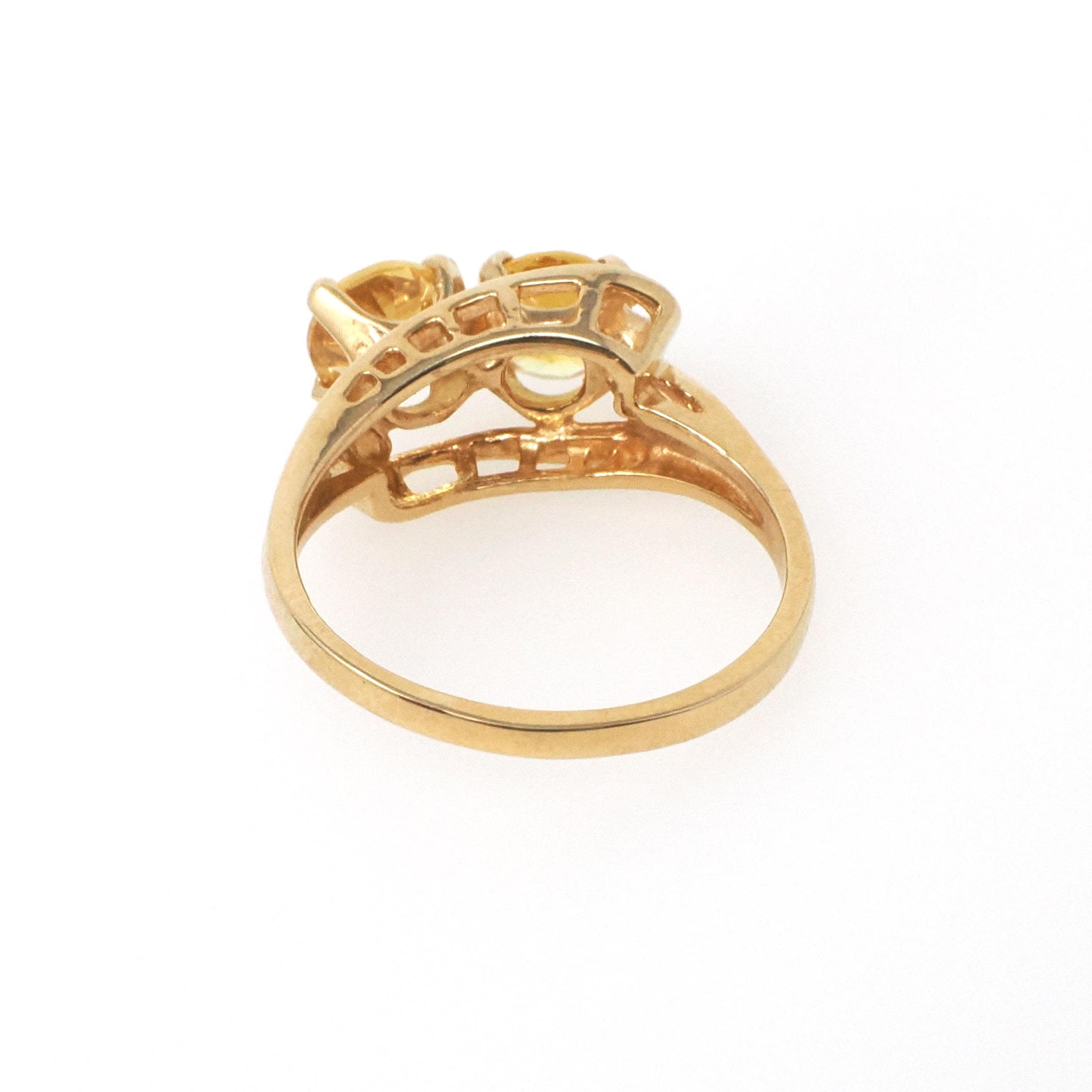 Vintage Toi Et Moi Ring - Mid Century 10k Yellow Gold Two Created Yellow Sapphire Gemstone Bypass - Circa 1960s Era Size 6 1/4 Fine Jewelry