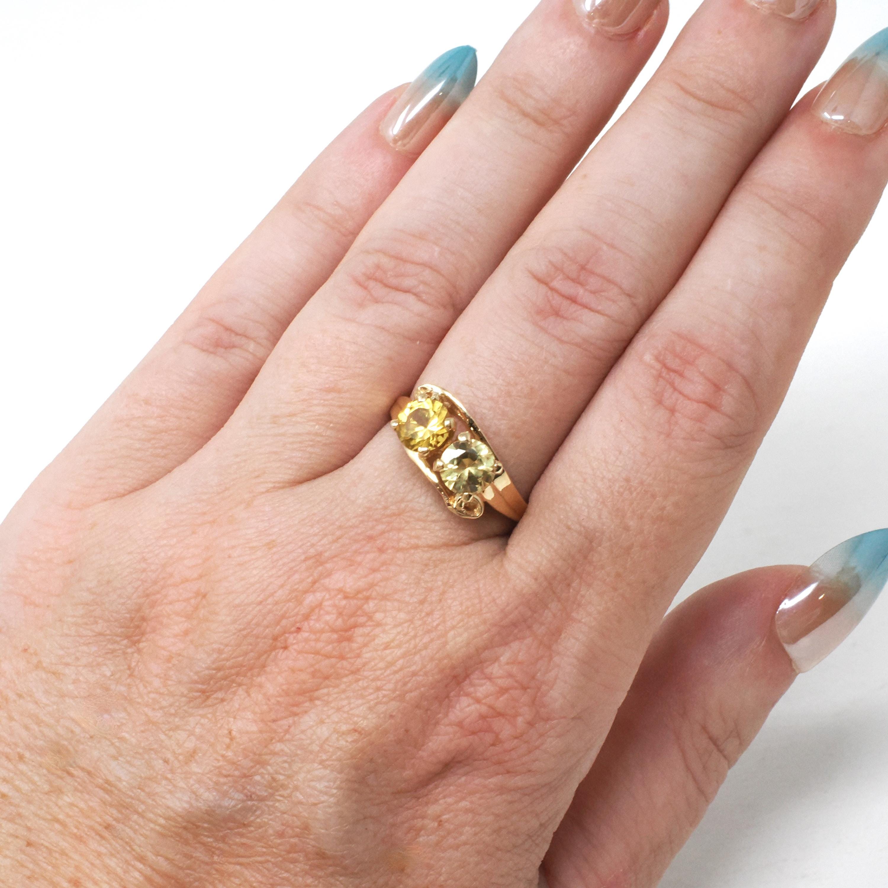 Vintage Toi Et Moi Ring - Mid Century 10k Yellow Gold Two Created Yellow Sapphire Gemstone Bypass - Circa 1960s Era Size 6 1/4 Fine Jewelry