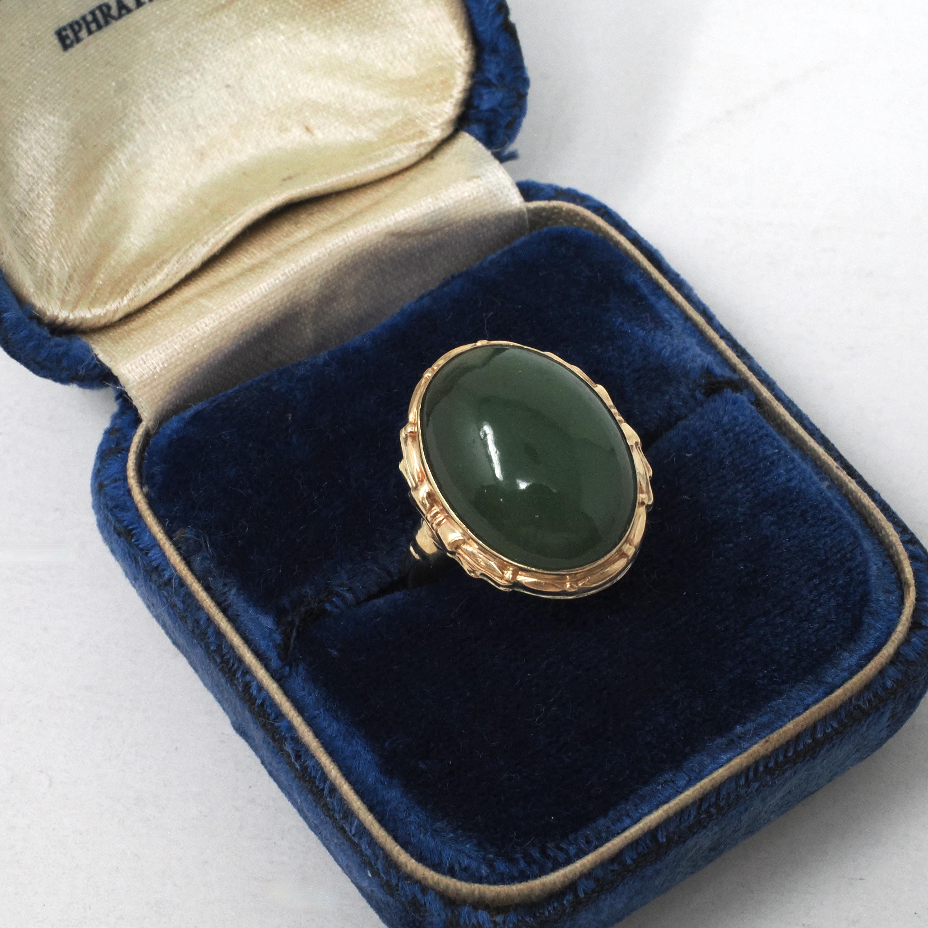Nephrite Jade Ring - Retro 10k Yellow Gold Natural Cabochon Cut 9.50 CT Dark Green Gem - Vintage Circa 1940s Era Size 5 3/4 Fine 40s Jewelry