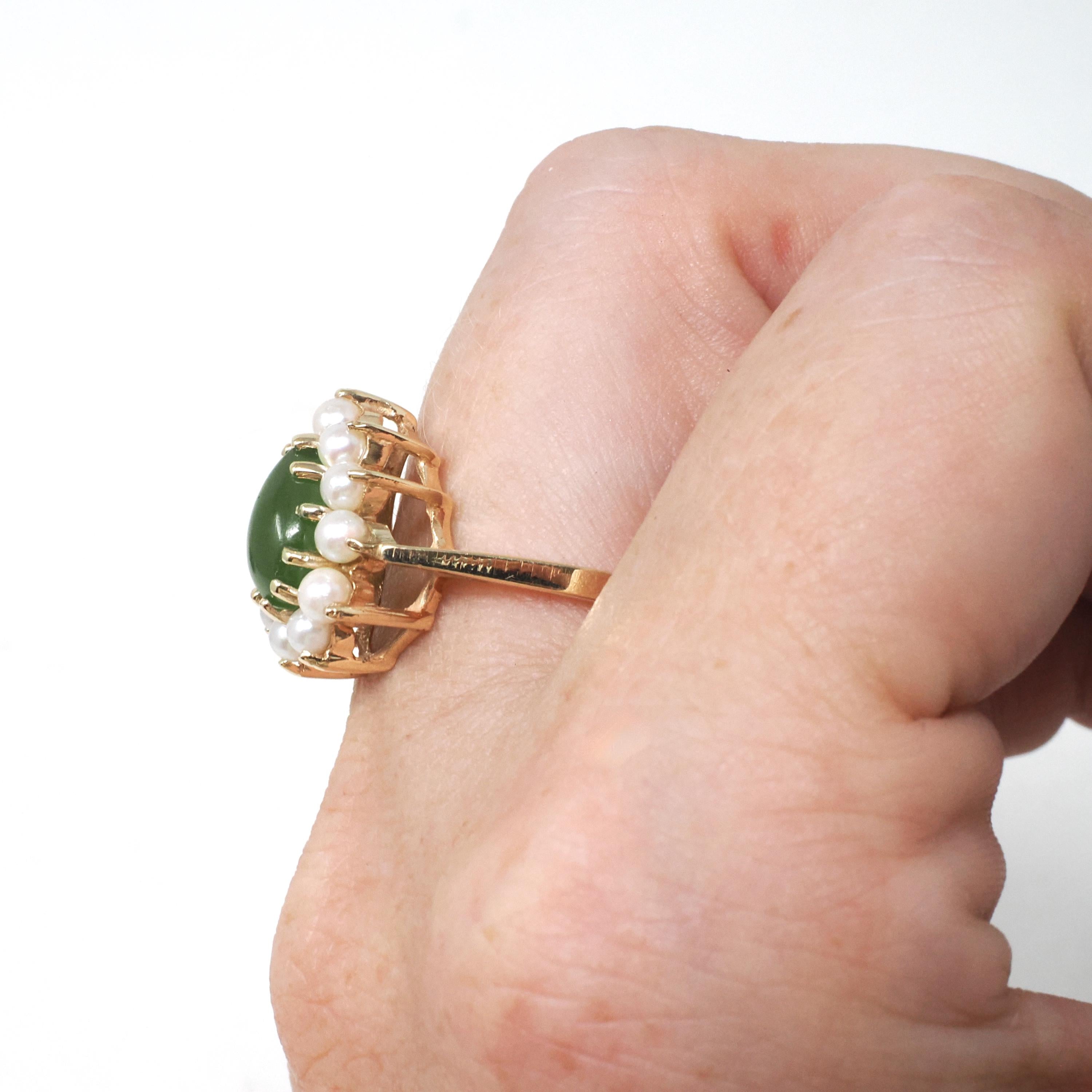 Vintage Halo Ring - Retro Modern 14k Yellow Gold Green Nephrite Jade and Seed Pearls - Circa 1970s Era Size 7 Fine Dainty Statement Jewelry