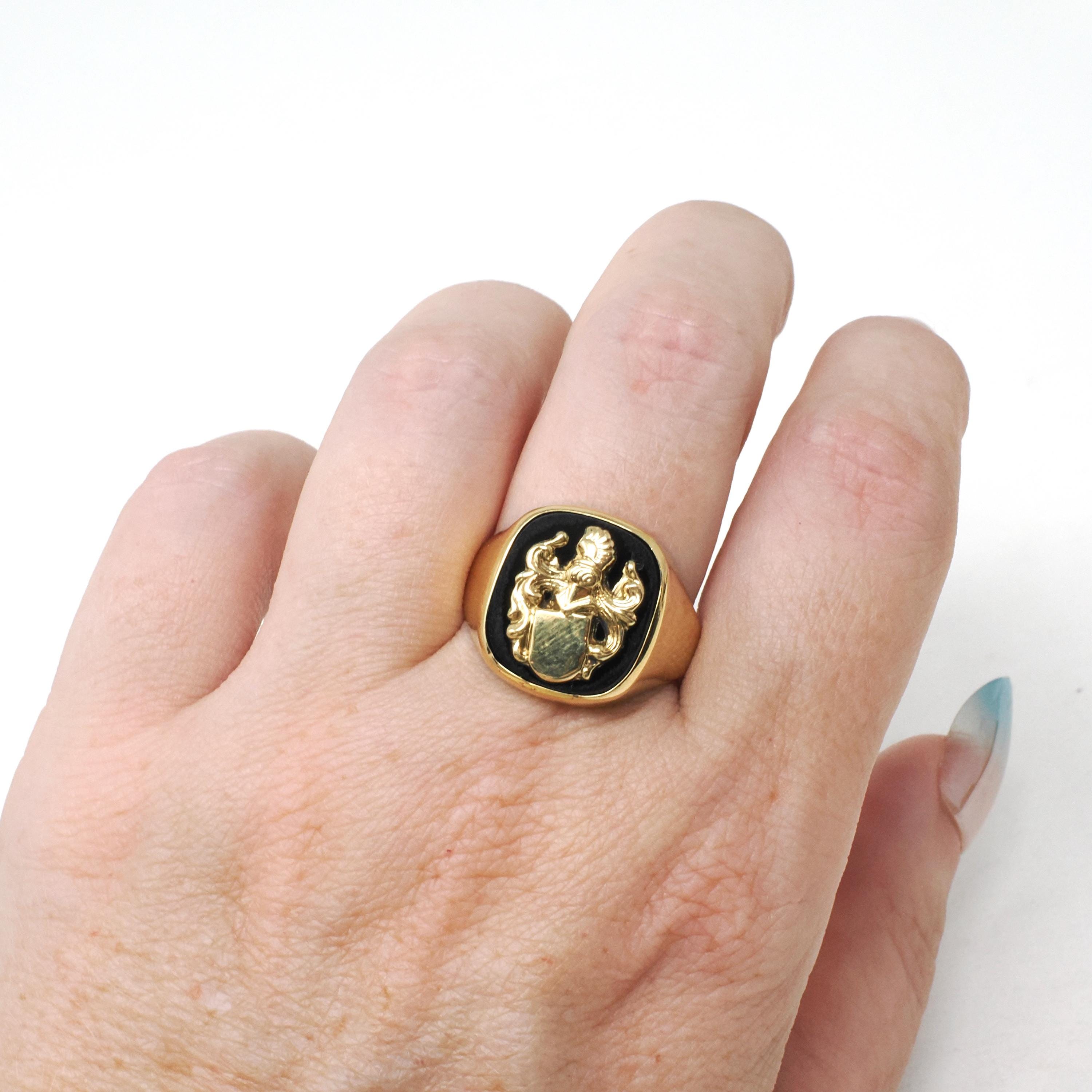 Onyx Signet Ring - English 8k Yellow Gold Cushion Black Chalcedony Gem - Circa 1950s Size 10 1/2 Unisex Coat Of Arms Statement Fine Jewelry