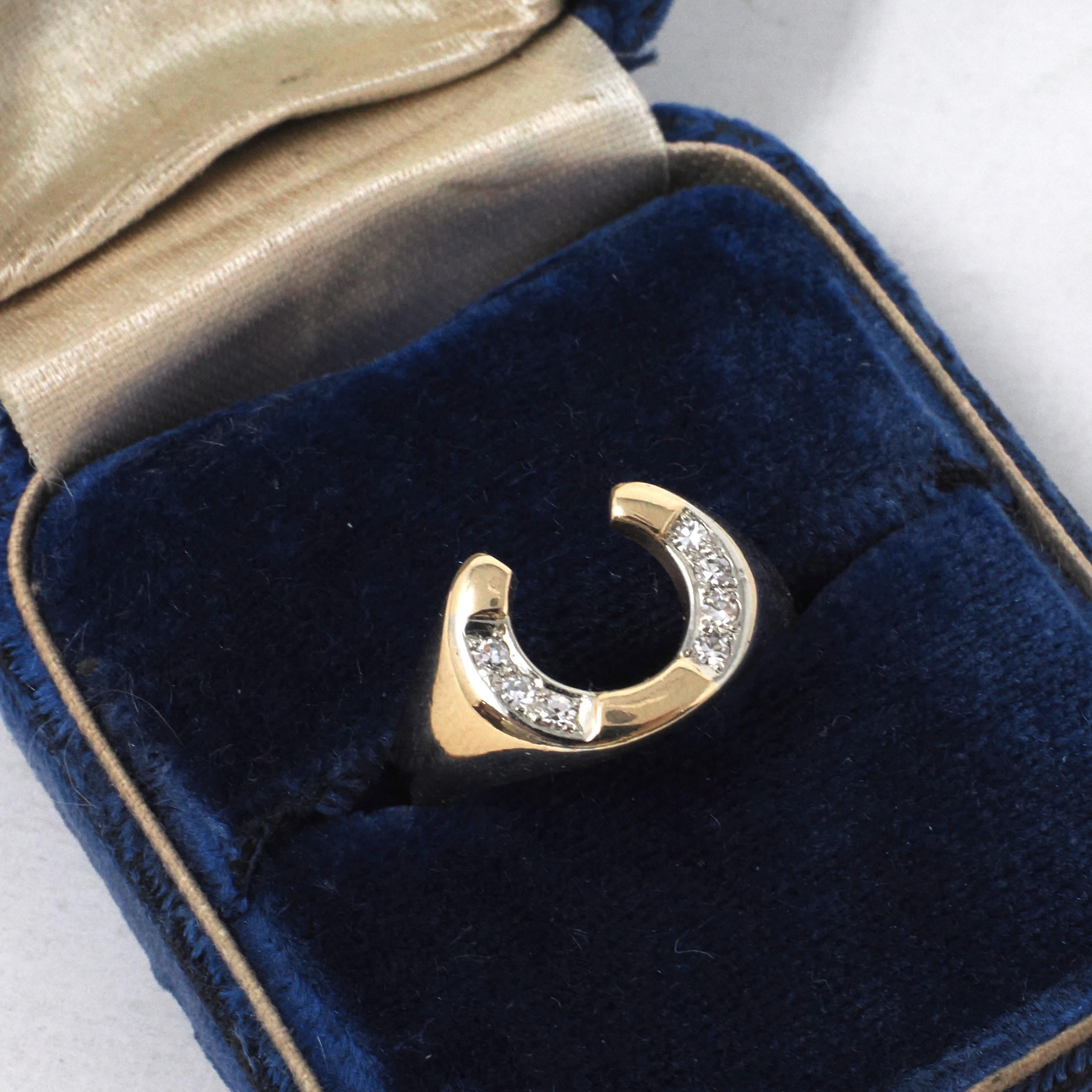 Vintage Horseshoe Ring - Modernist 14k Yellow Gold .06 CTW Natural Diamonds Equestrian Statement Band - Circa 1970s Size 7 1/4 Fine Jewelry