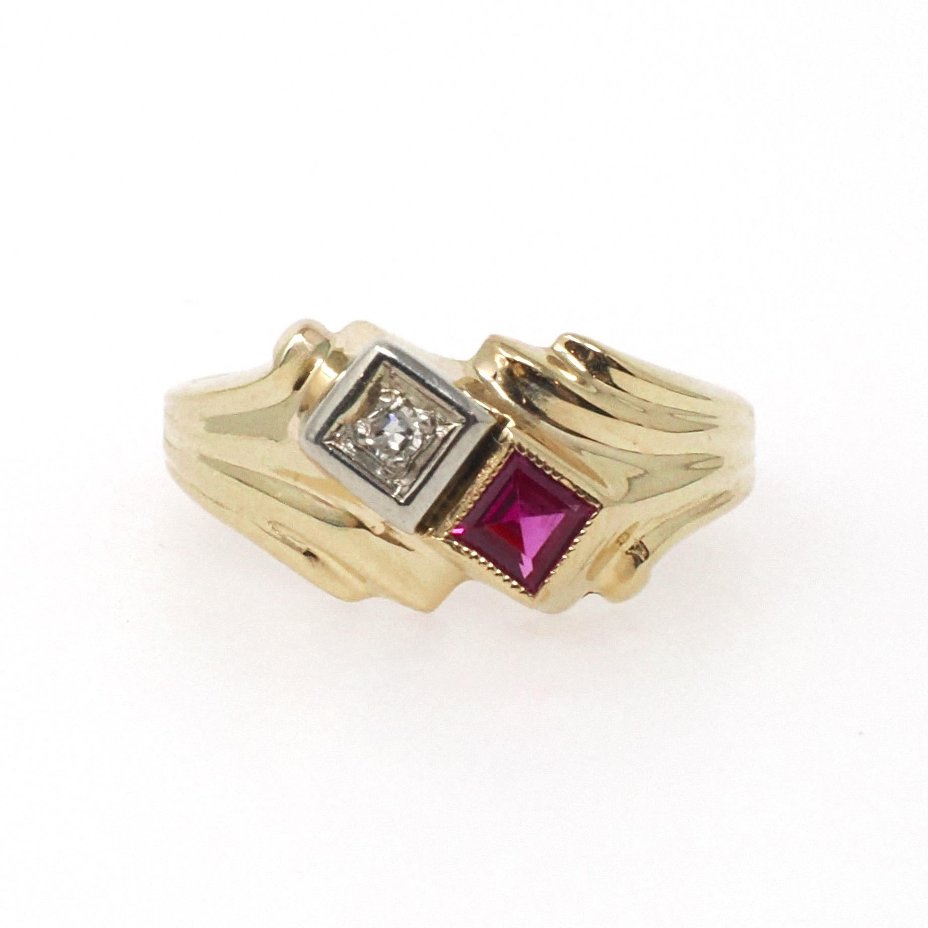 Created Ruby & Diamond Ring - Retro 14k Yellow White Gold Toi Et Moi Gems - Vintage Circa 1940s Size 4.75 July April Birthstone Fine Jewelry