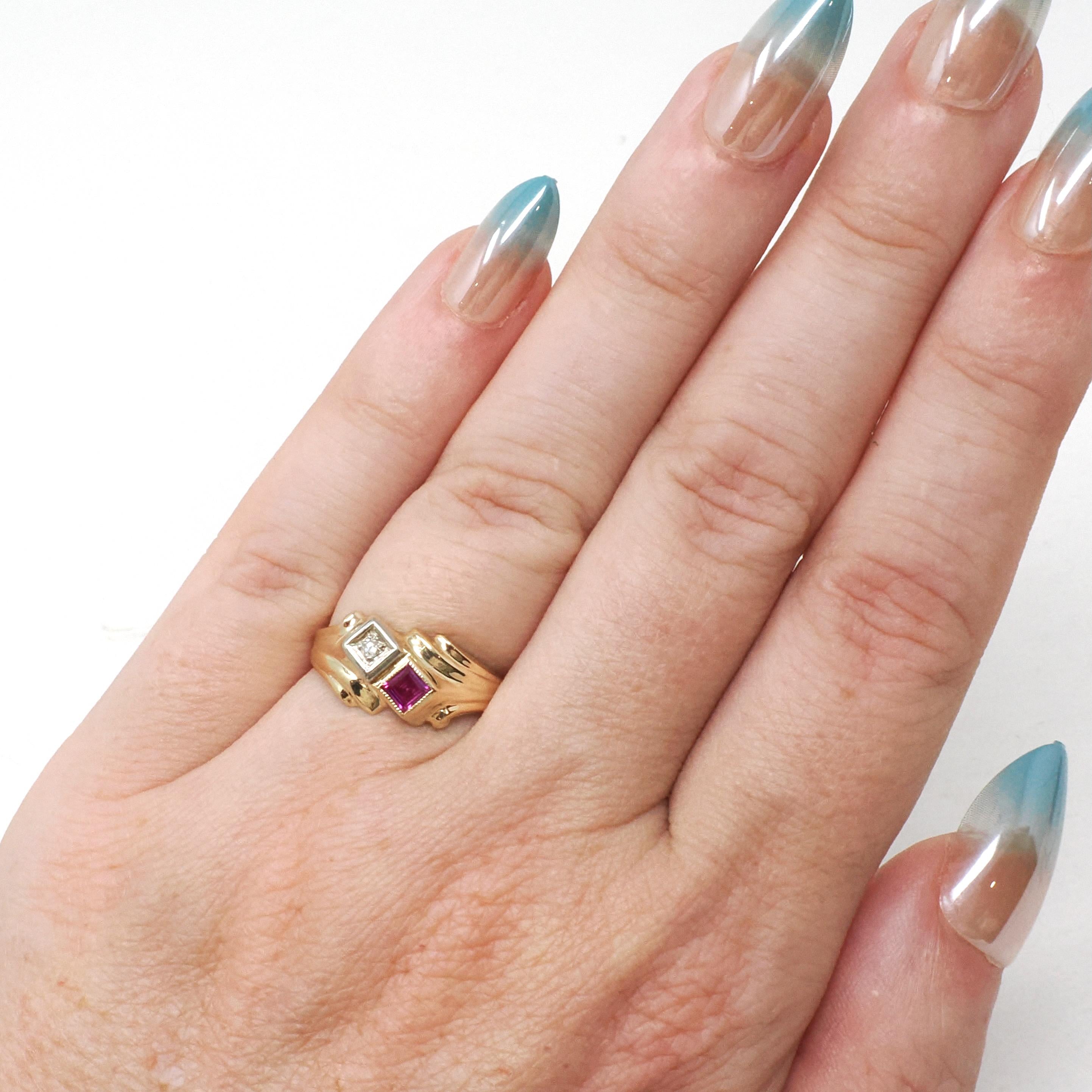 Created Ruby & Diamond Ring - Retro 14k Yellow White Gold Toi Et Moi Gems - Vintage Circa 1940s Size 4.75 July April Birthstone Fine Jewelry