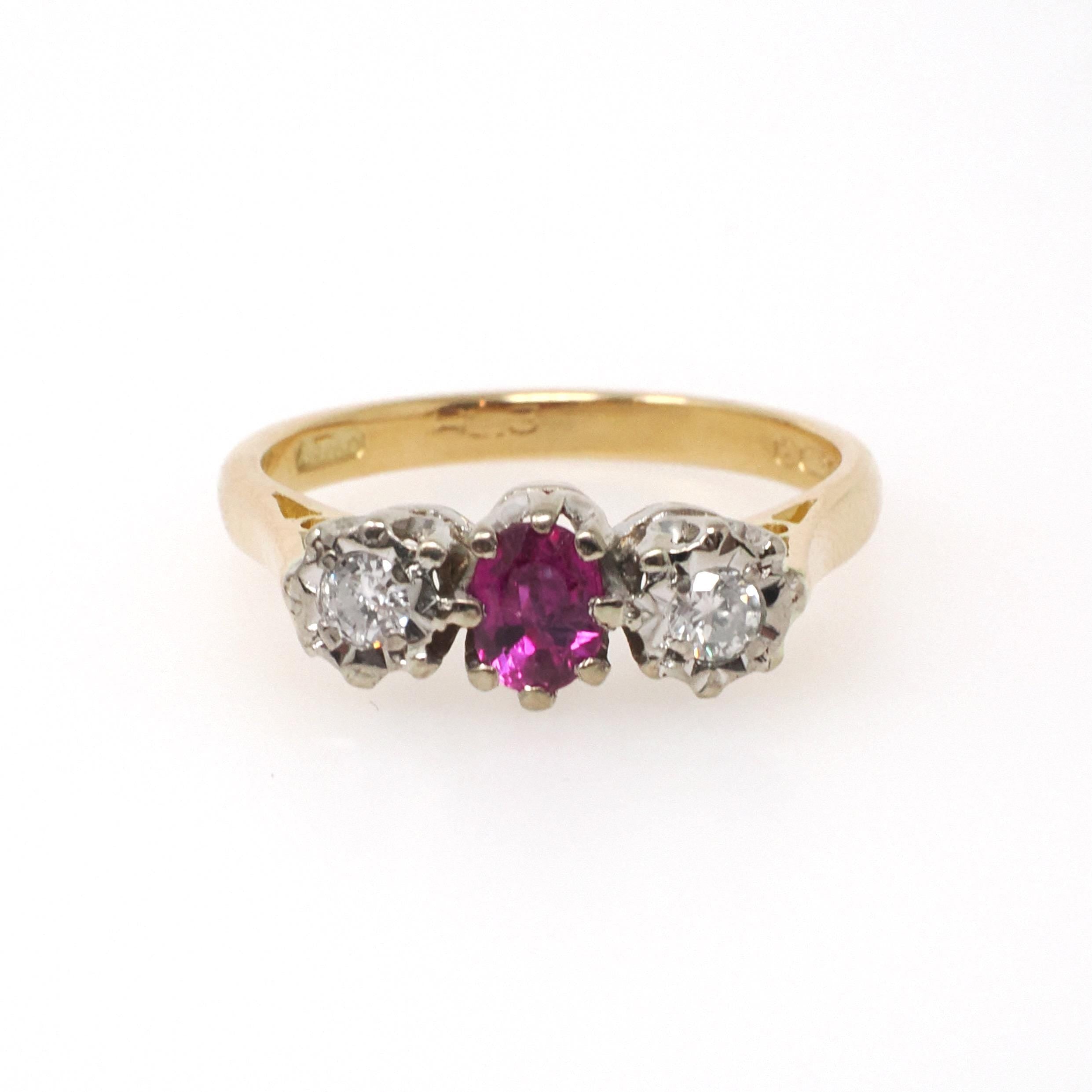 Vintage Ruby & Diamond Ring - Retro 18k Yellow White Gold Three Gemstone Engagement - Circa 1970s Size 6 3/4 Two Tone English Fine Jewelry