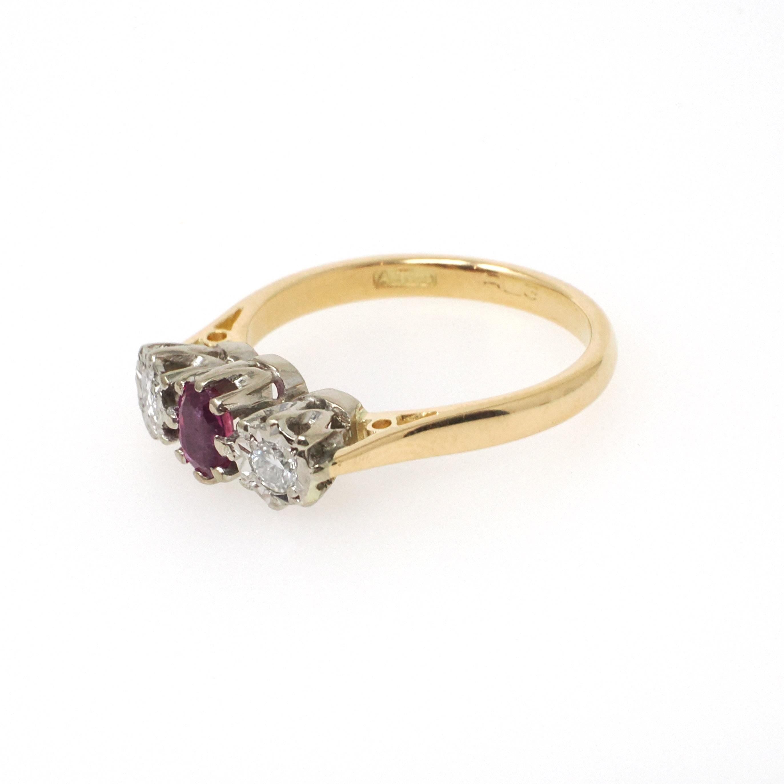 Vintage Ruby & Diamond Ring - Retro 18k Yellow White Gold Three Gemstone Engagement - Circa 1970s Size 6 3/4 Two Tone English Fine Jewelry