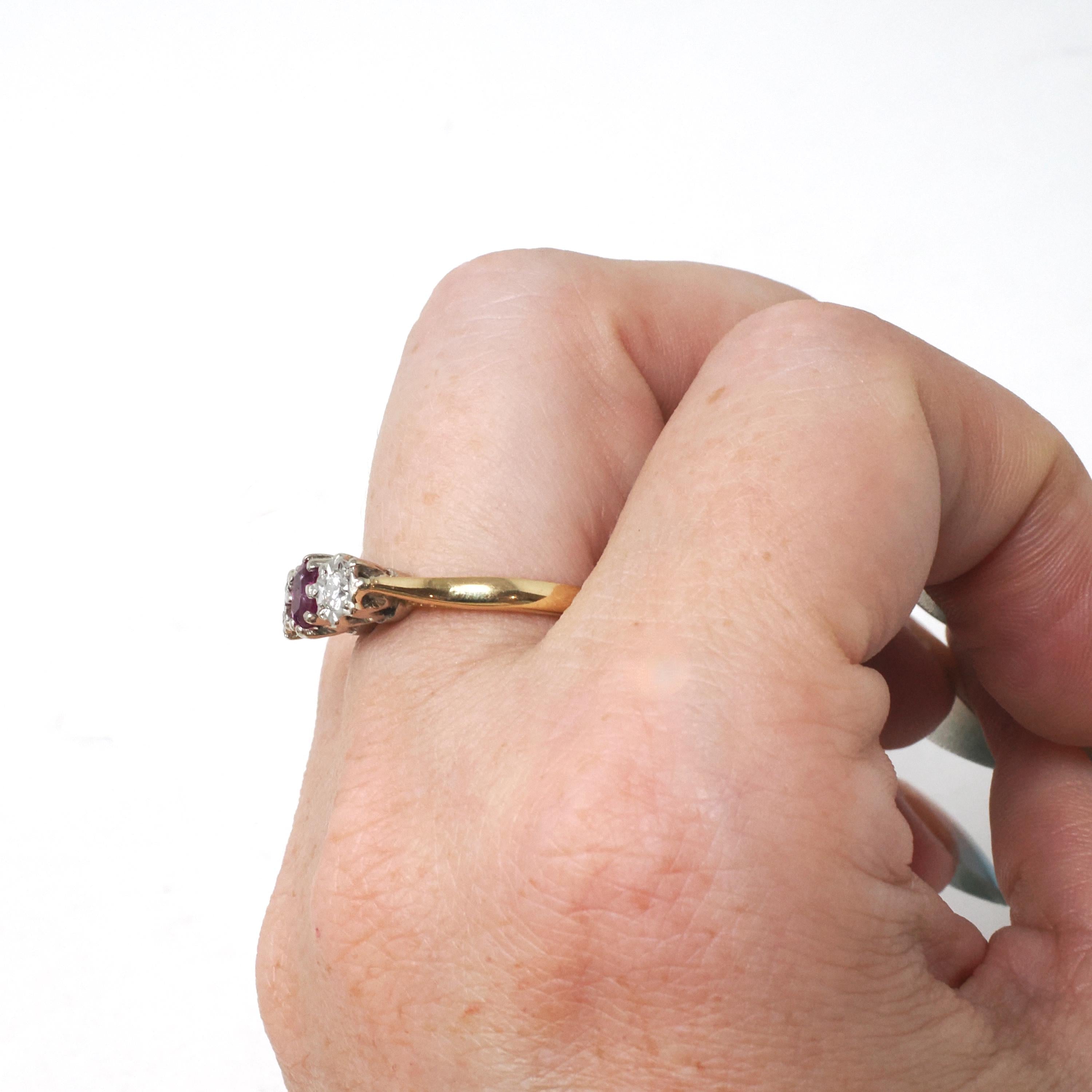 Vintage Ruby & Diamond Ring - Retro 18k Yellow White Gold Three Gemstone Engagement - Circa 1970s Size 6 3/4 Two Tone English Fine Jewelry