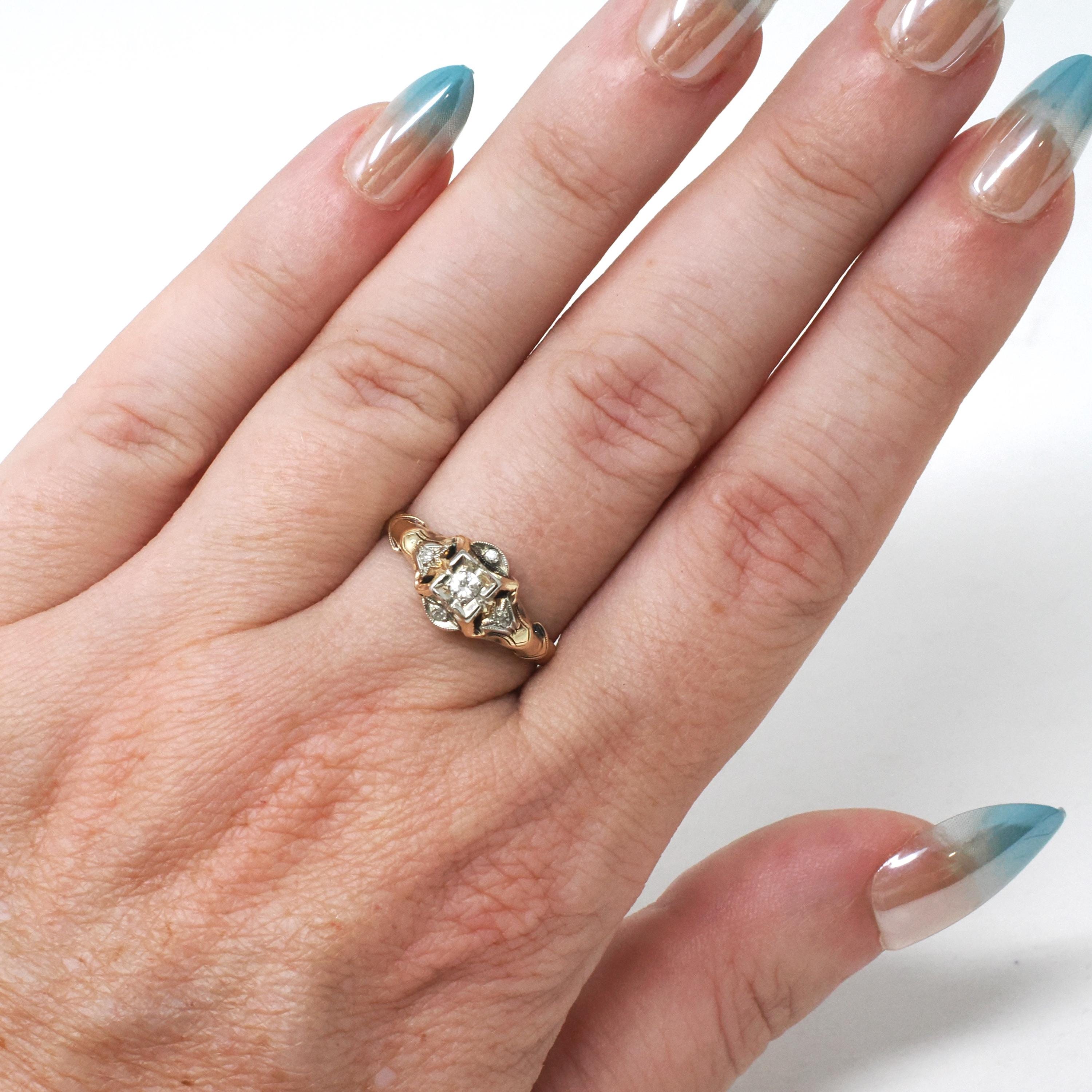 Vintage Diamond Ring - Mid Century 14k Yellow & White Gold .07 CTW Natural Two Tone Engagement - Circa 1950s Era Size 6 3/4 Fine Jewelry