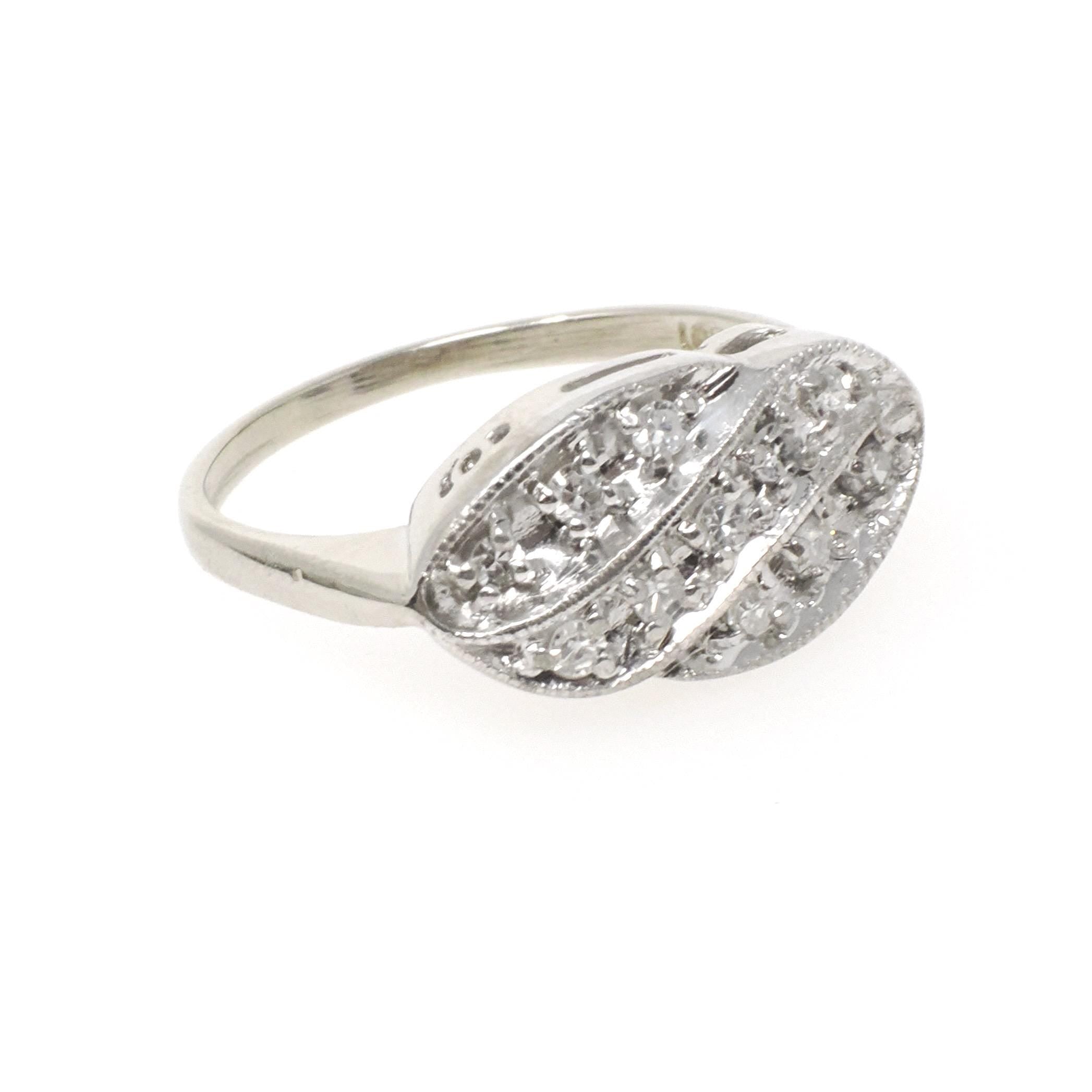 Vintage Princess Ring - Mid Century 14k White Gold Natural .18 CTW Diamonds - Circa 1950s Era Size 7 1/4 Curved Bypass Fine Fashion Jewelry