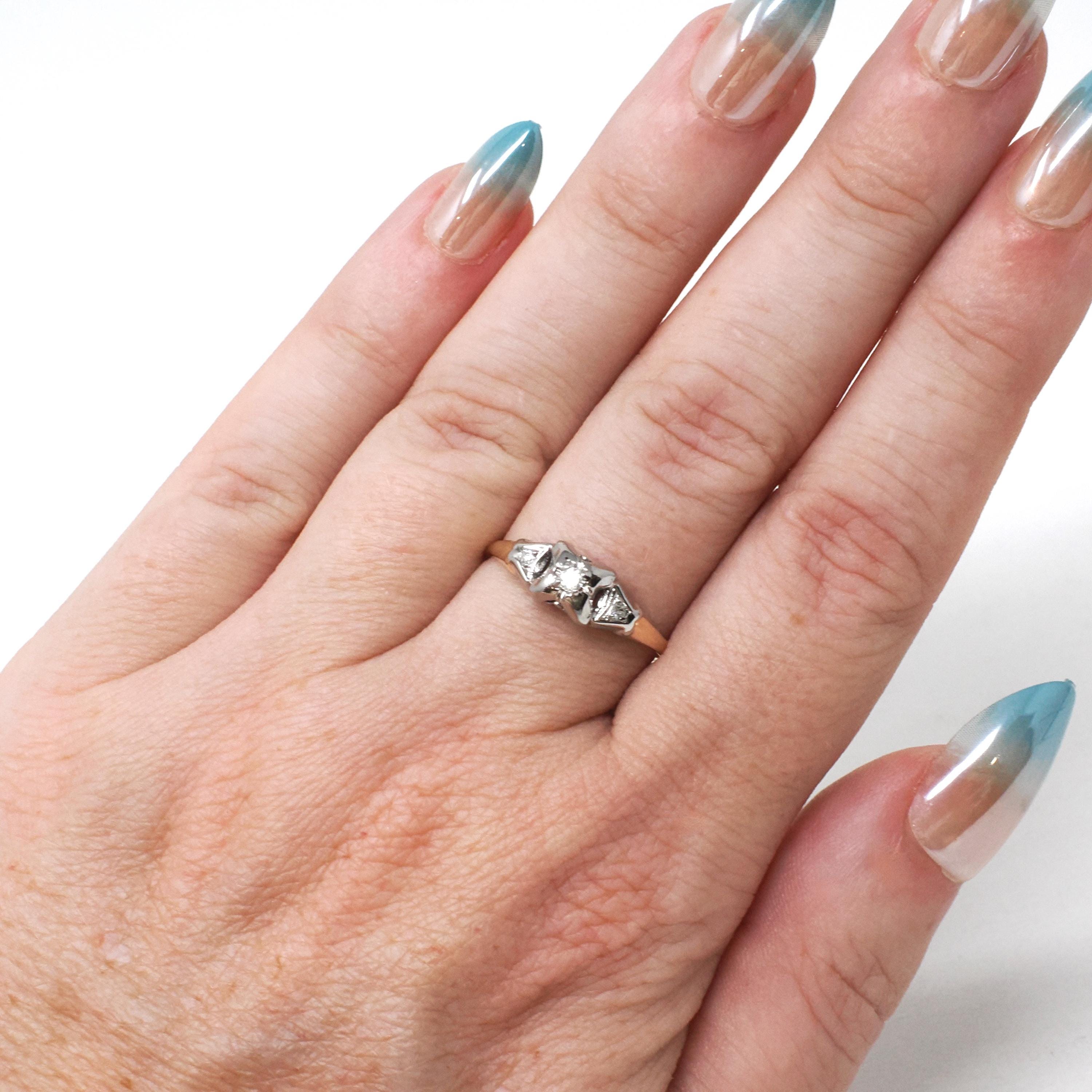 Vintage Diamond Ring - Mid Century Era 10k Yellow & White Gold .05 CTW Engagement - Circa 1950s Size 6 3/4 Dainty Fine Bridal Jewelry