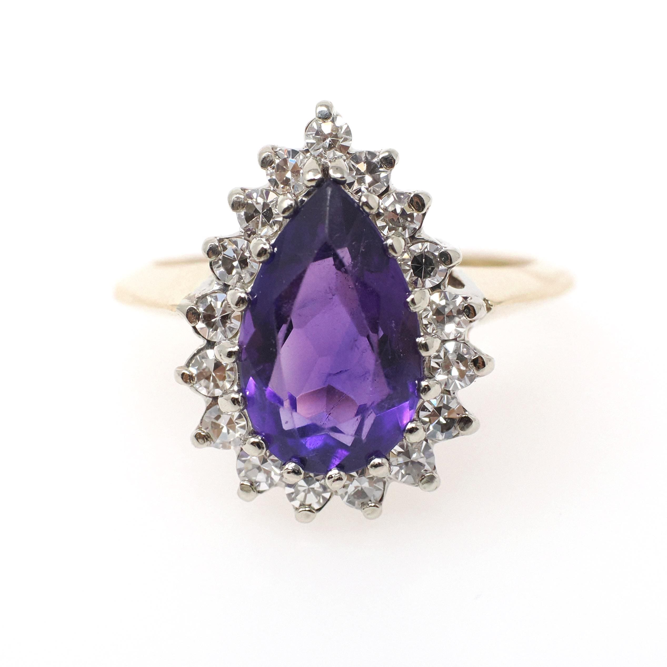 Amethyst Halo Ring - Retro 14k Yellow & White Gold .60 CTW Diamond Accents Pear Gem - Circa 1980s Sz 8 3/4 February Birthstone Fine Jewelry