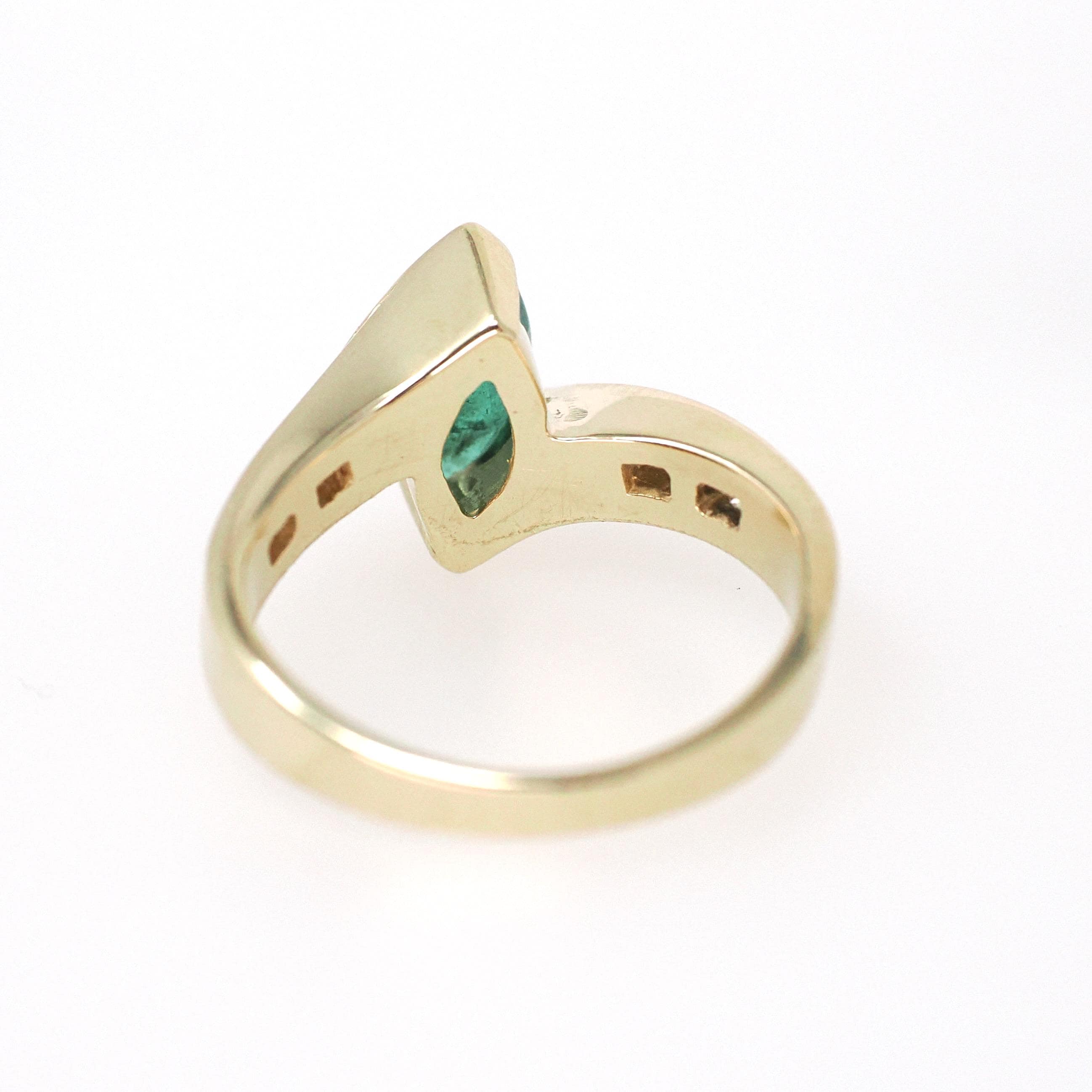 Emerald Engagement Ring - Contemporary 14k Yellow Gold Navette Natural Green Marquise Gemstone Bypass - Size 5.5 May Birthstone Fine Jewelry