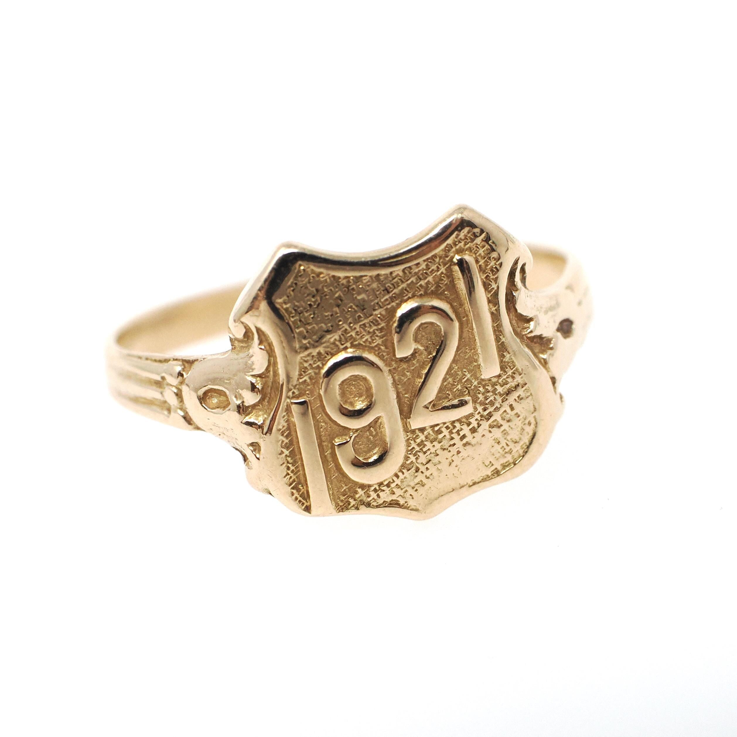 Dated 1921 Ring - Art Deco 14k Yellow Gold Class Year Statement Band - Antique Size 7 3/4 Number Shield Detail Fine Commemorative Jewelry