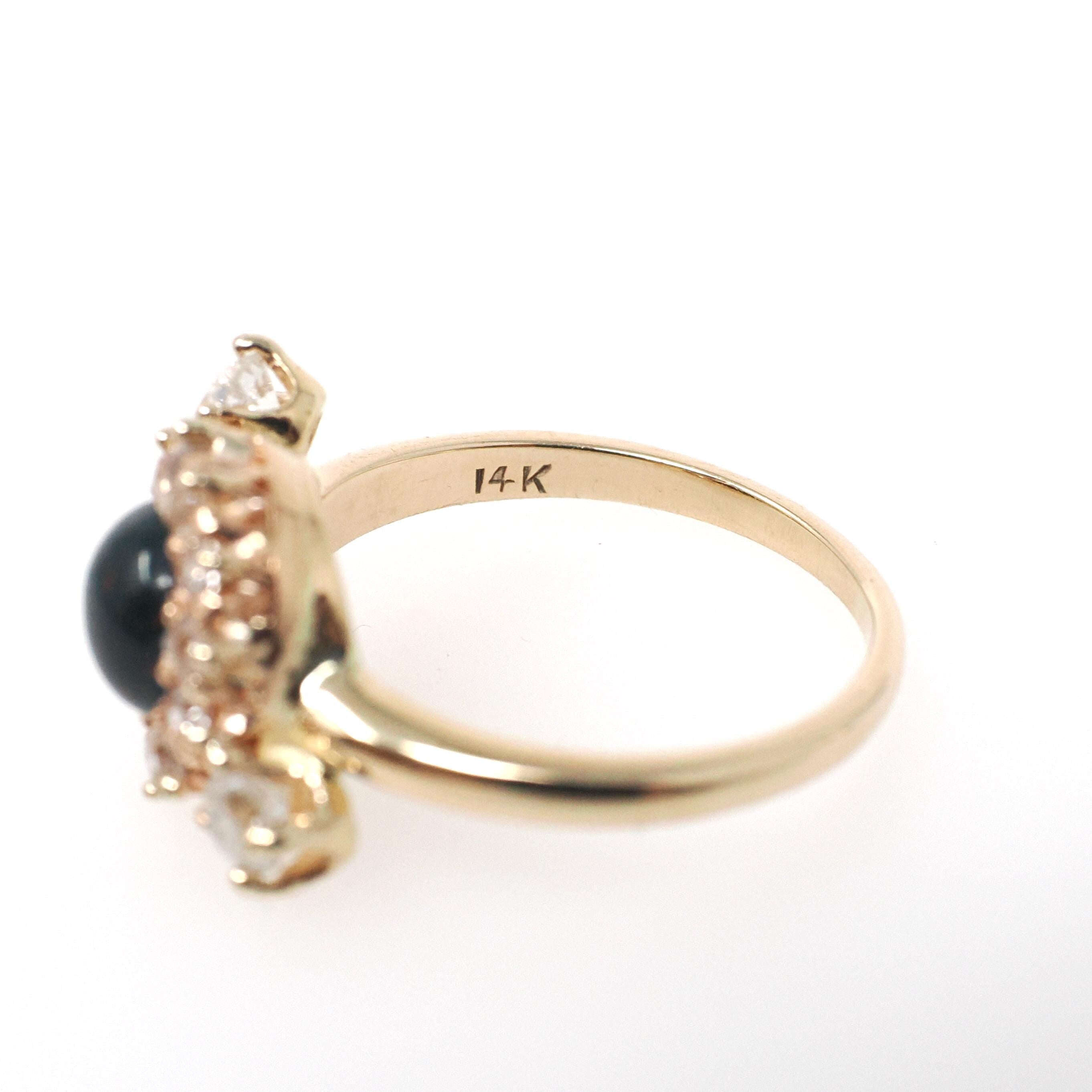 Bloodstone Halo Ring - Victorian Conversion 14k Yellow Gold Round Cabochon Cut Gem & .45 CTW Diamonds - Circa 1890s Era Size 5 Fine Jewelry