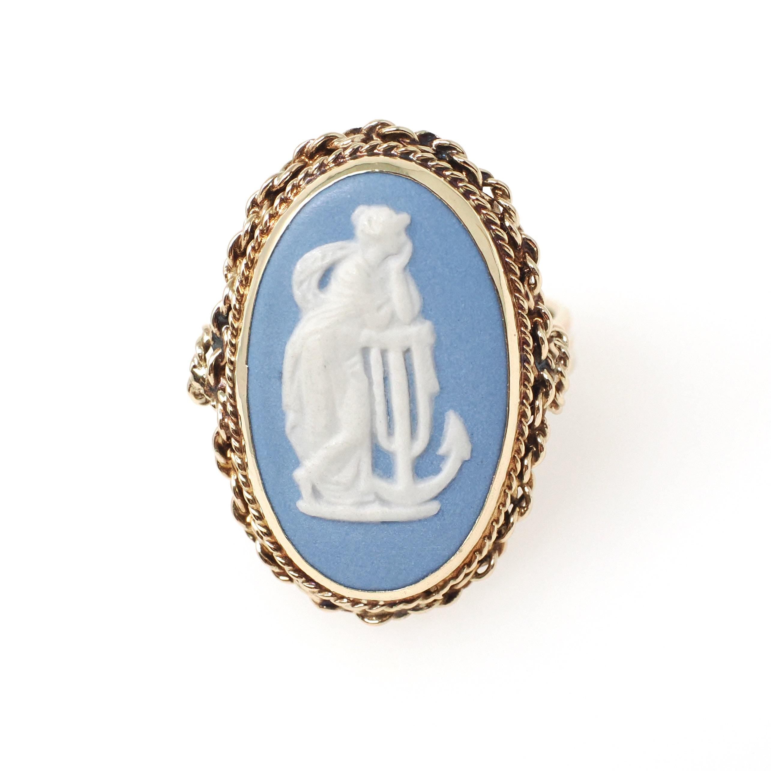Wedgwood Cameo Ring - Vintage 14k Yellow Gold Blue & White Figural Shield - Hallmarked 1969 Allegory Of Hope Fine English Porcelain Jewelry
