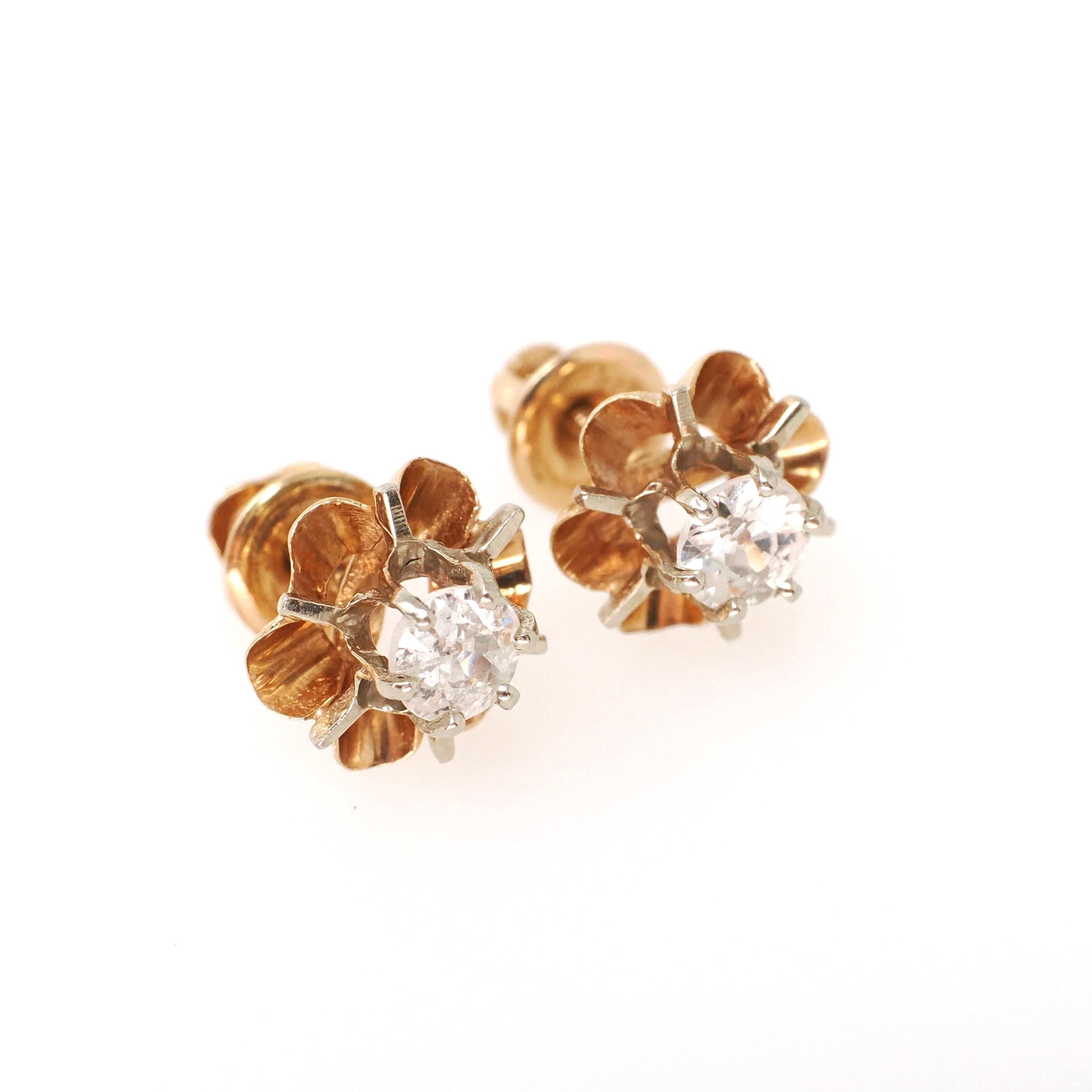 Antique Diamond Earrings - Edwardian 14k Yellow White Gold .68 CTW Buttercup Flower Studs - Circa 1910s Era Pierced Screw Back Fine Jewelry