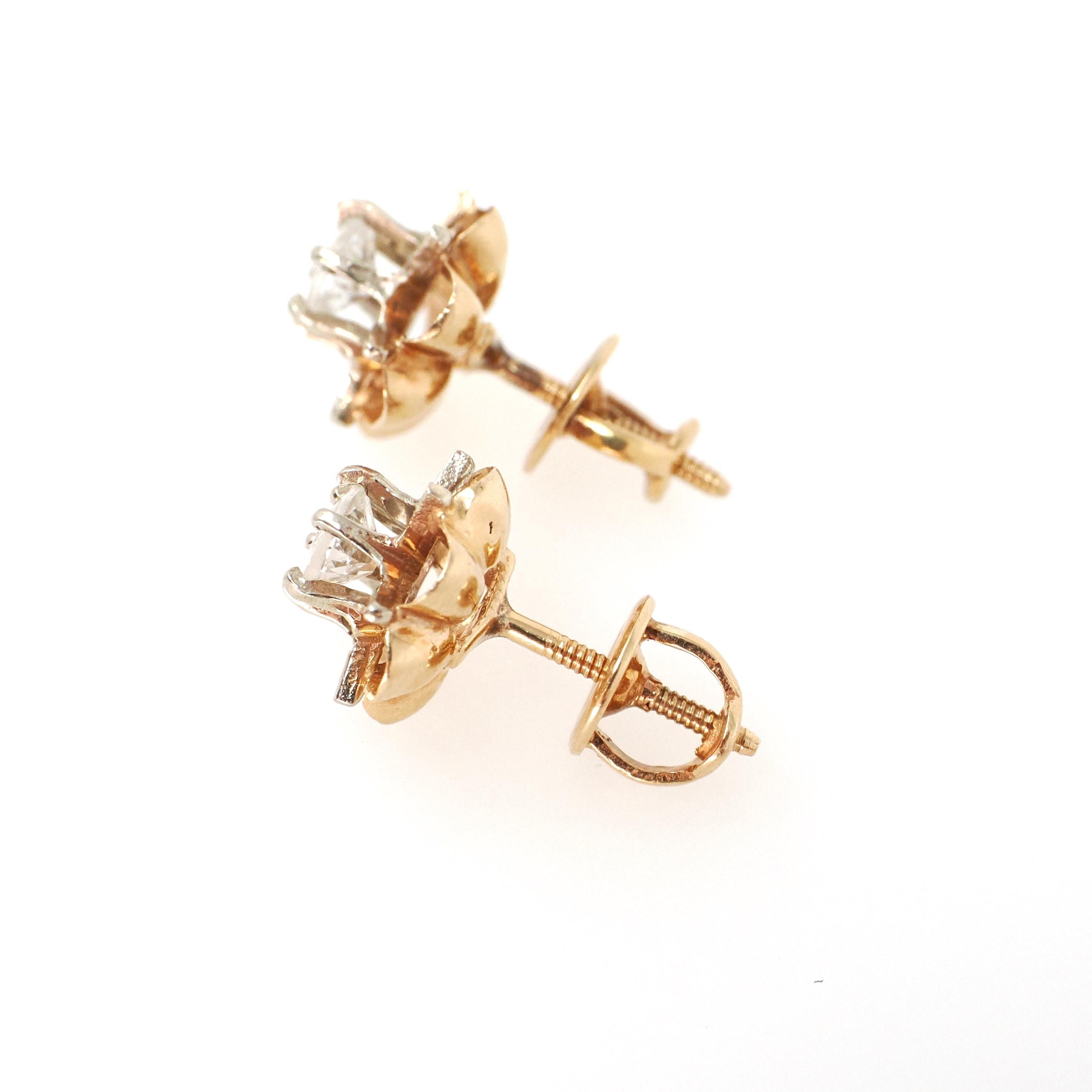 Antique Diamond Earrings - Edwardian 14k Yellow White Gold .68 CTW Buttercup Flower Studs - Circa 1910s Era Pierced Screw Back Fine Jewelry