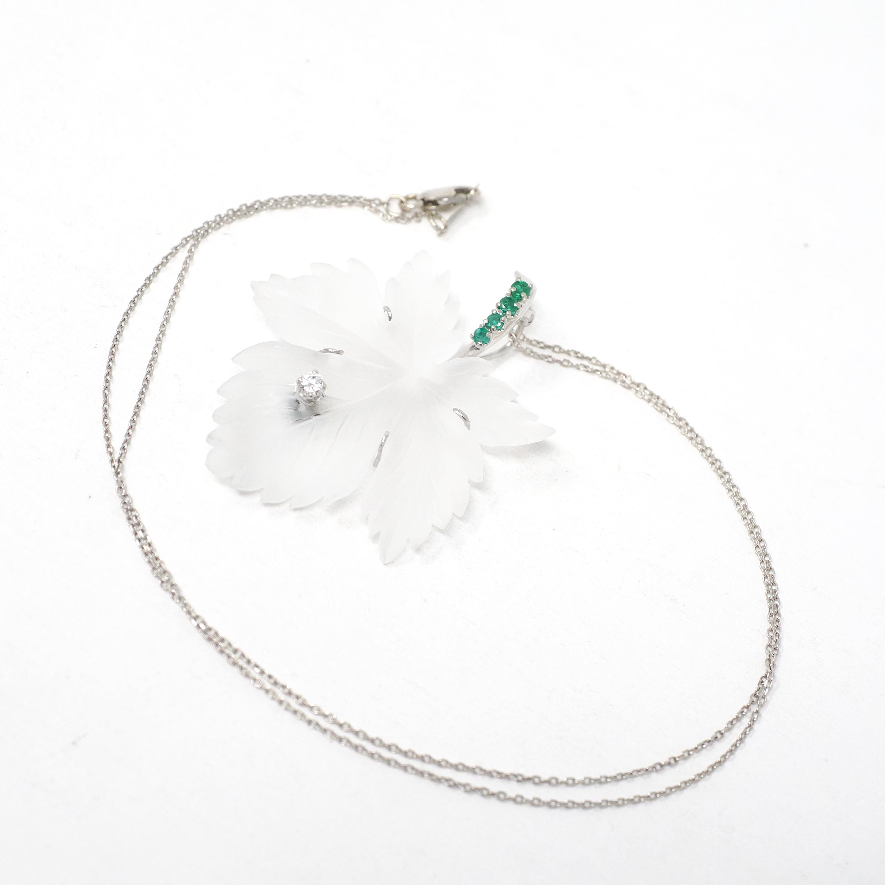 Vintage Leaf Pendant Necklace - Mid Century 14k White Gold Carved Rock Crystal Quartz - Circa 1960s Diamond Emerald Accented Fine Jewelry