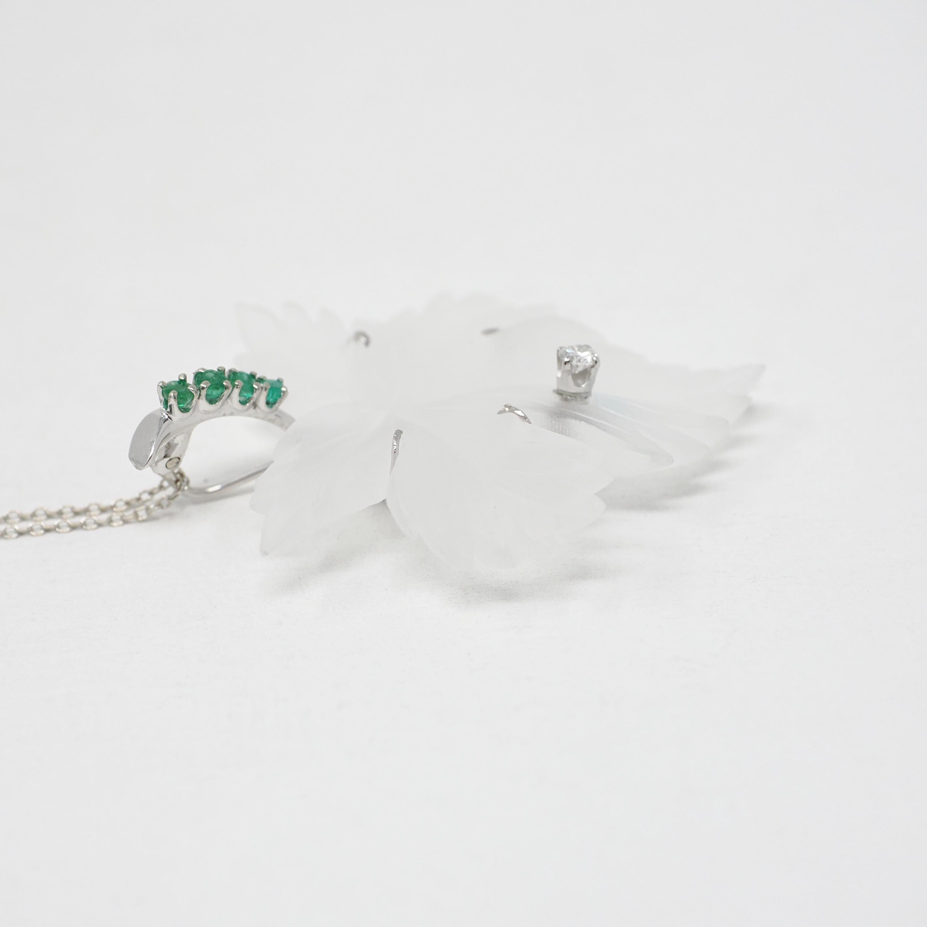 Vintage Leaf Pendant Necklace - Mid Century 14k White Gold Carved Rock Crystal Quartz - Circa 1960s Diamond Emerald Accented Fine Jewelry