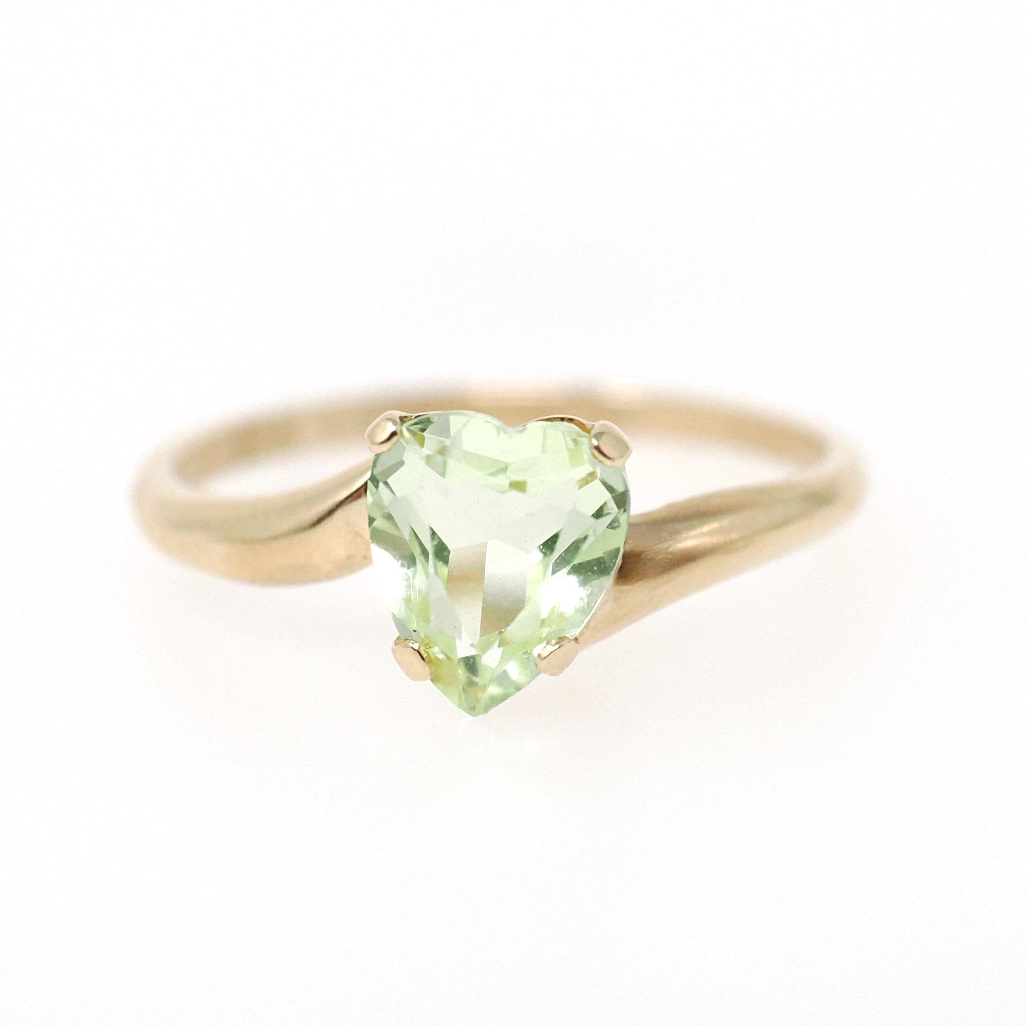 Vintage Created Spinel Ring - Mid Century 10k Yellow Gold Heart Light Green Gem Bypass - Circa 1960s Size 6 August Birthstone Fine Jewelry
