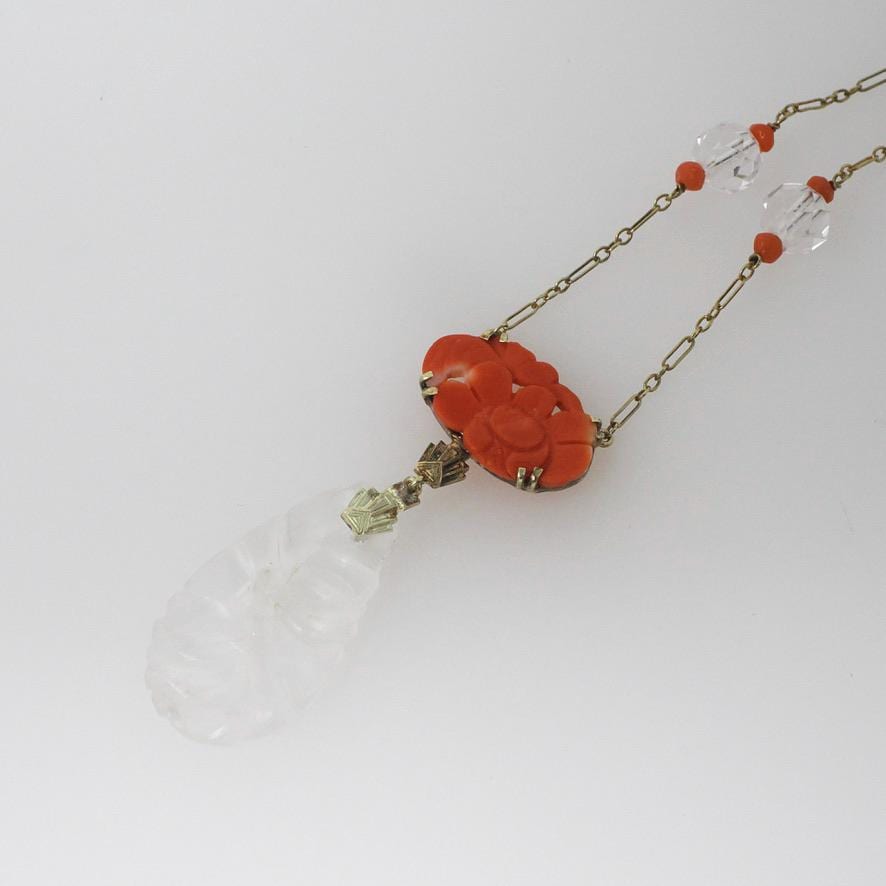 Antique Art Deco Necklace - Carved Rock Crystal Quartz 14k Yellow Gold Orange Coral Gemstone Statement - Circa 1920s Era Fine Beaded Jewelry
