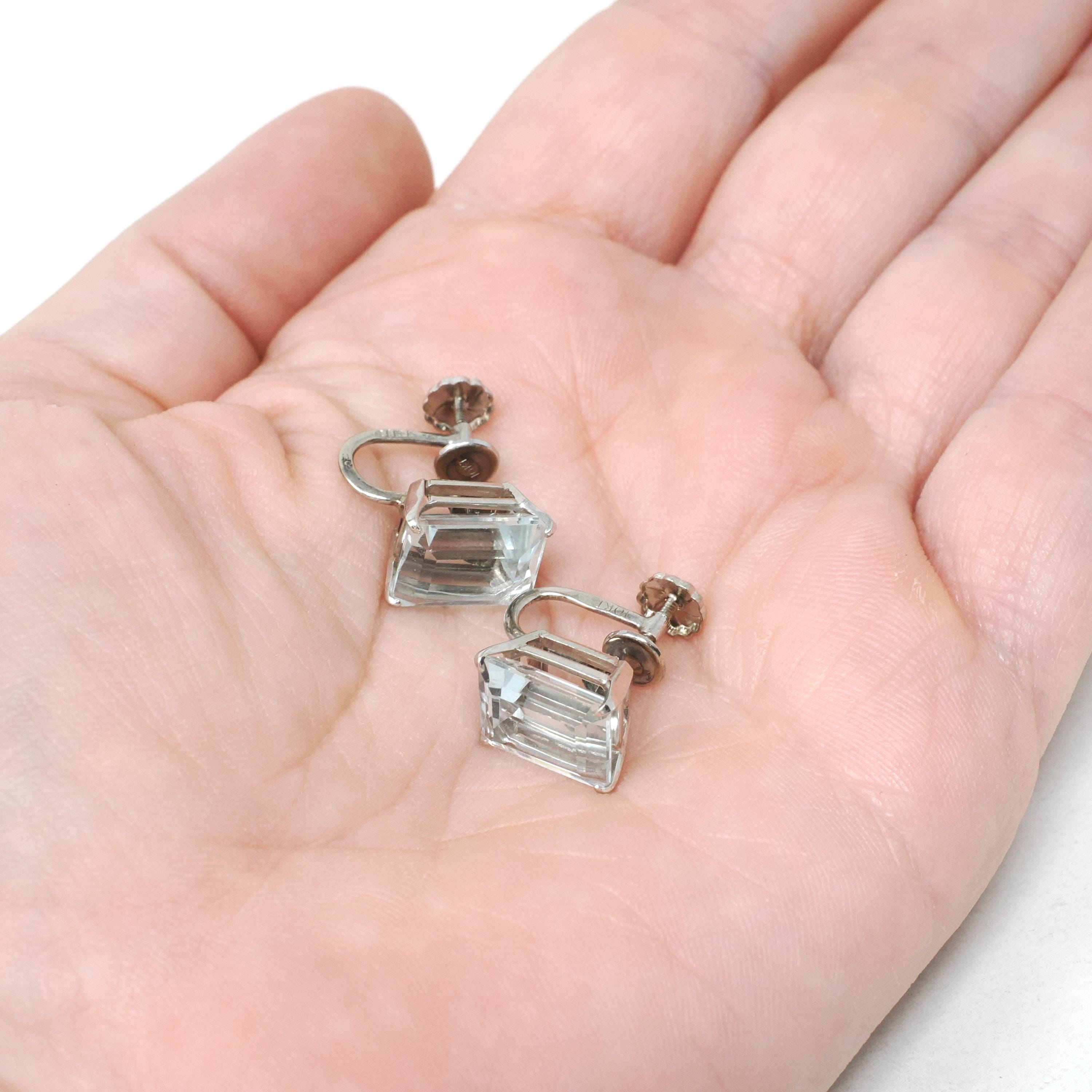 Vintage Aquamarine Earrings - Mid Century 10k White Gold Emerald Cut Blue Gemstones - Circa 1950s Screw Back Fine March Birthstone Jewelry