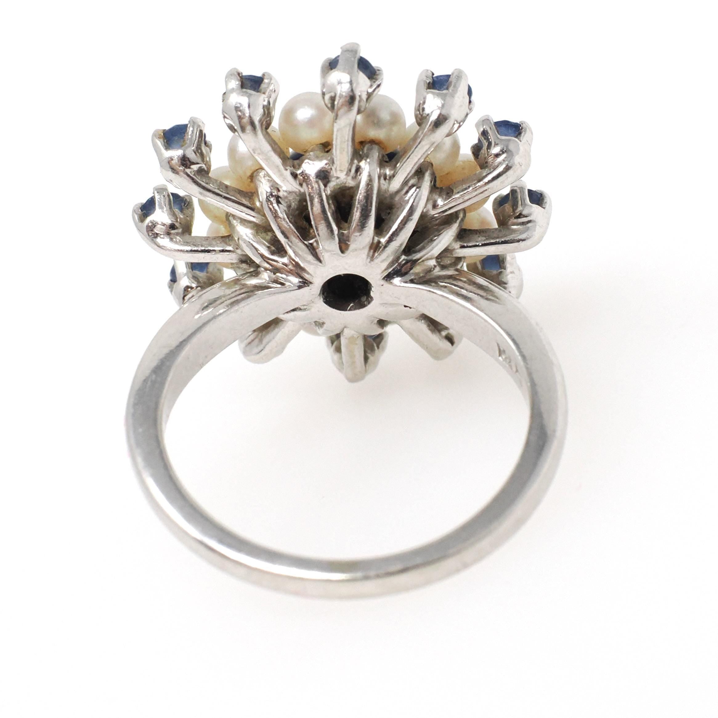 Created Star Sapphire Ring - Mid Century 14k White Gold 2.54 CT Pearl & Sapphire Gem Halo - Circa 1960s Size 6 Fine Flower Cocktail Jewelry