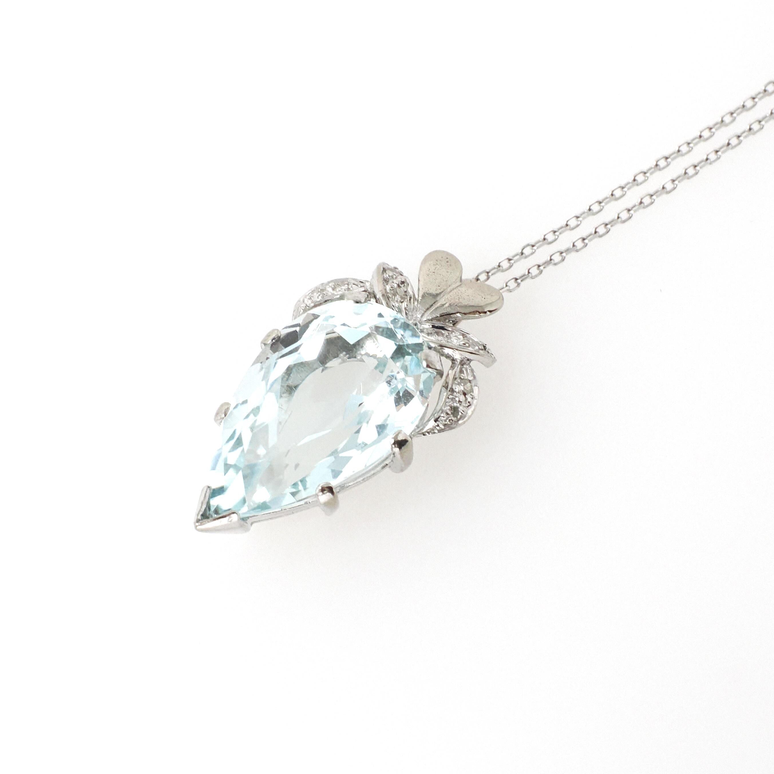 Aquamarine Pendant Necklace - Vintage 18k White Gold Natural Light Blue Gem & .10 CTW Diamond Accent Teardrop - Hallmarked 1958 Fine Jewelry