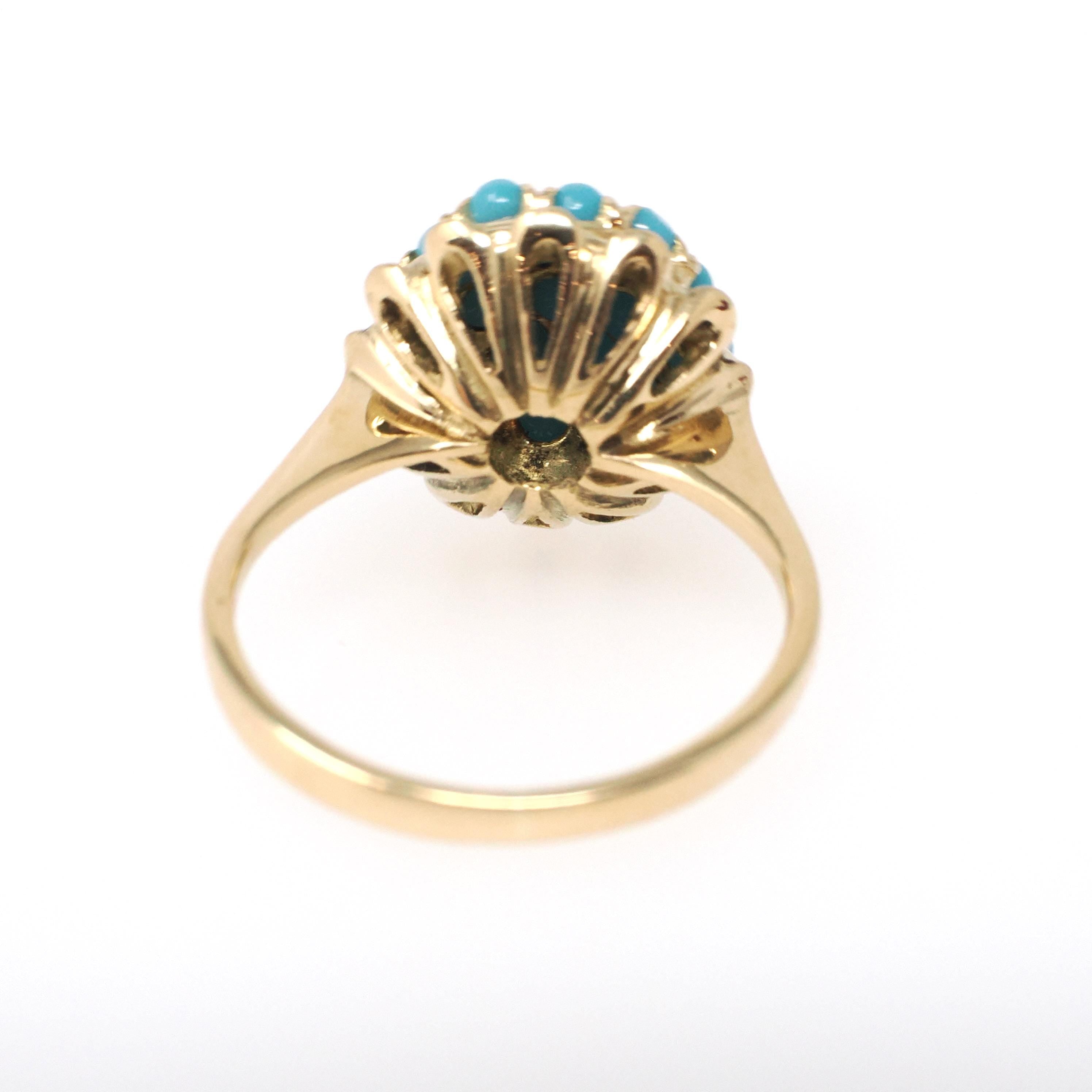 Vintage Cluster Ring - Retro Era 18k Yellow Gold Simulated Turquoise Blue Glass Cabochon Pave Flower - Circa 1960s Size 5 1/4 Fine Jewelry