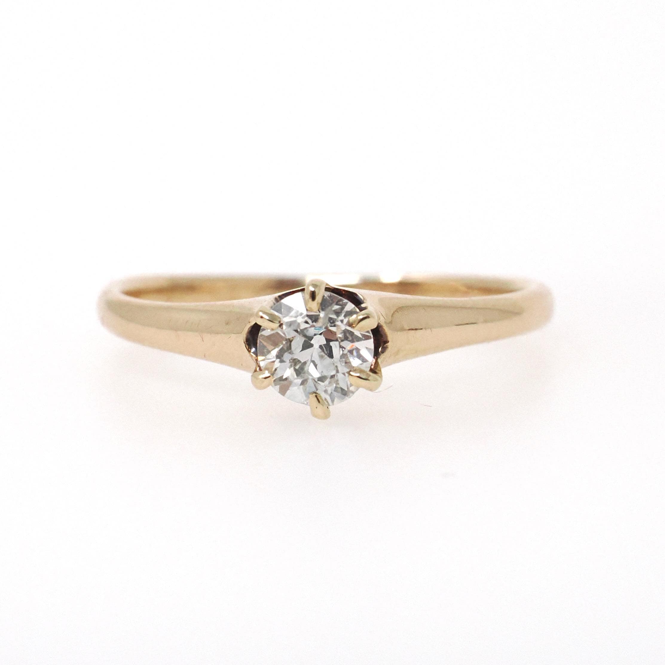 Antique Diamond Ring - Edwardian 14k Yellow Gold Solitaire Old European Gemstone - Vintage 1910s Size 5 3/4 Fine Wedding Engagement Jewelry