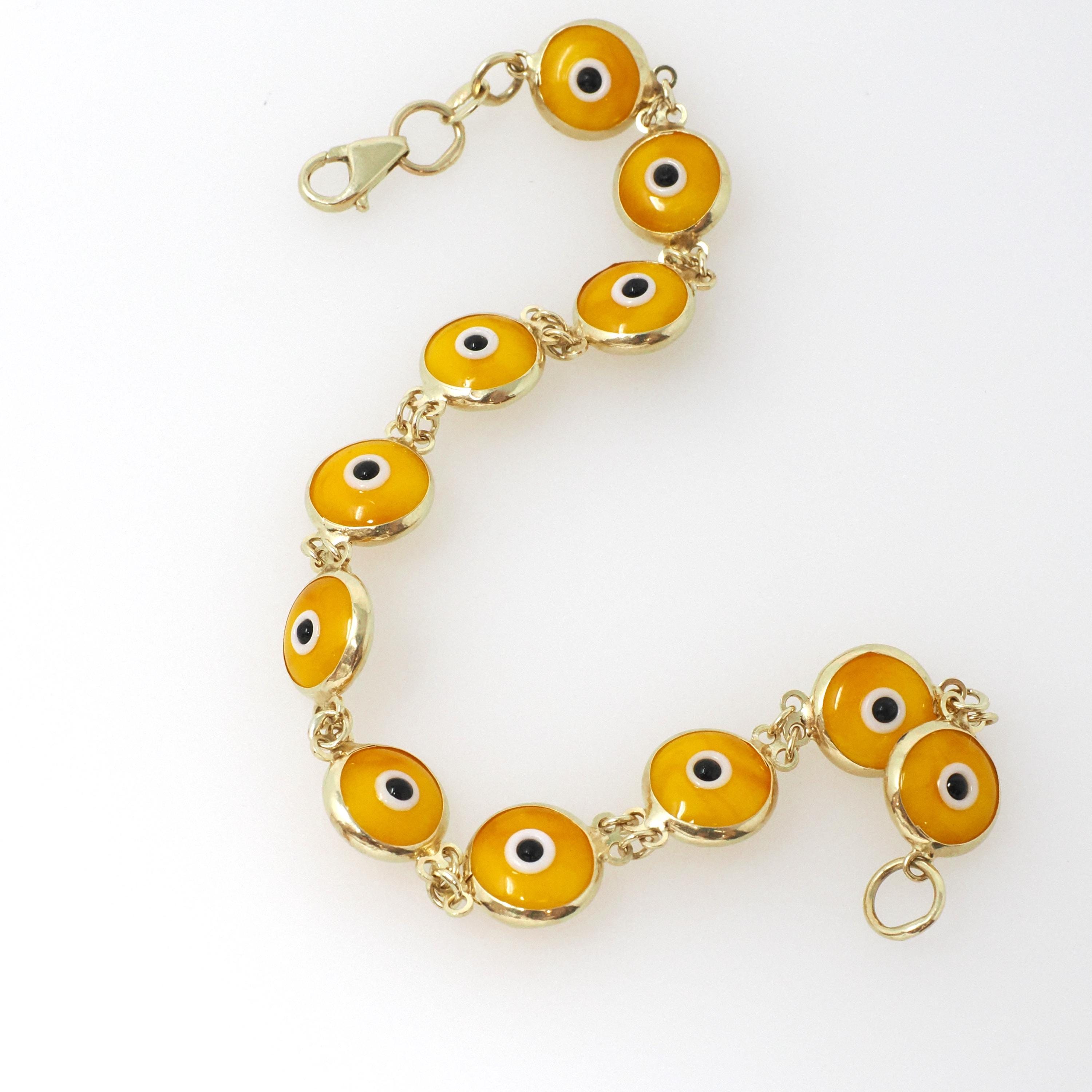 Evil Eye Bracelet - Contemporary 14k Yellow Gold Round Yellow Glass Bezel Links - Circa 2000's Tennis Style Protection Fine Fashion Jewelry